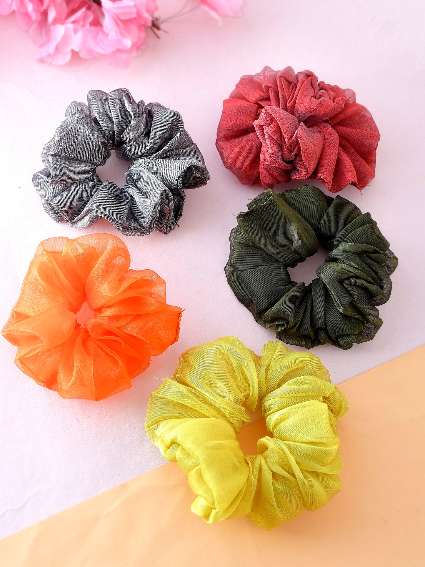 Set of 5 Multi Colored Organza Scrunchies Ponytail Holder for Women Online