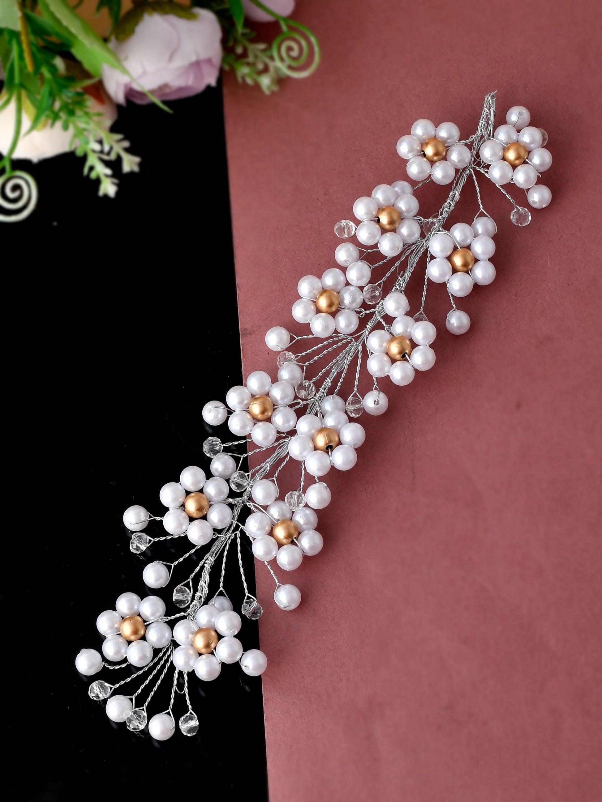 Women White Toned Embellished Pearl Beaded Hair Accessory Set
