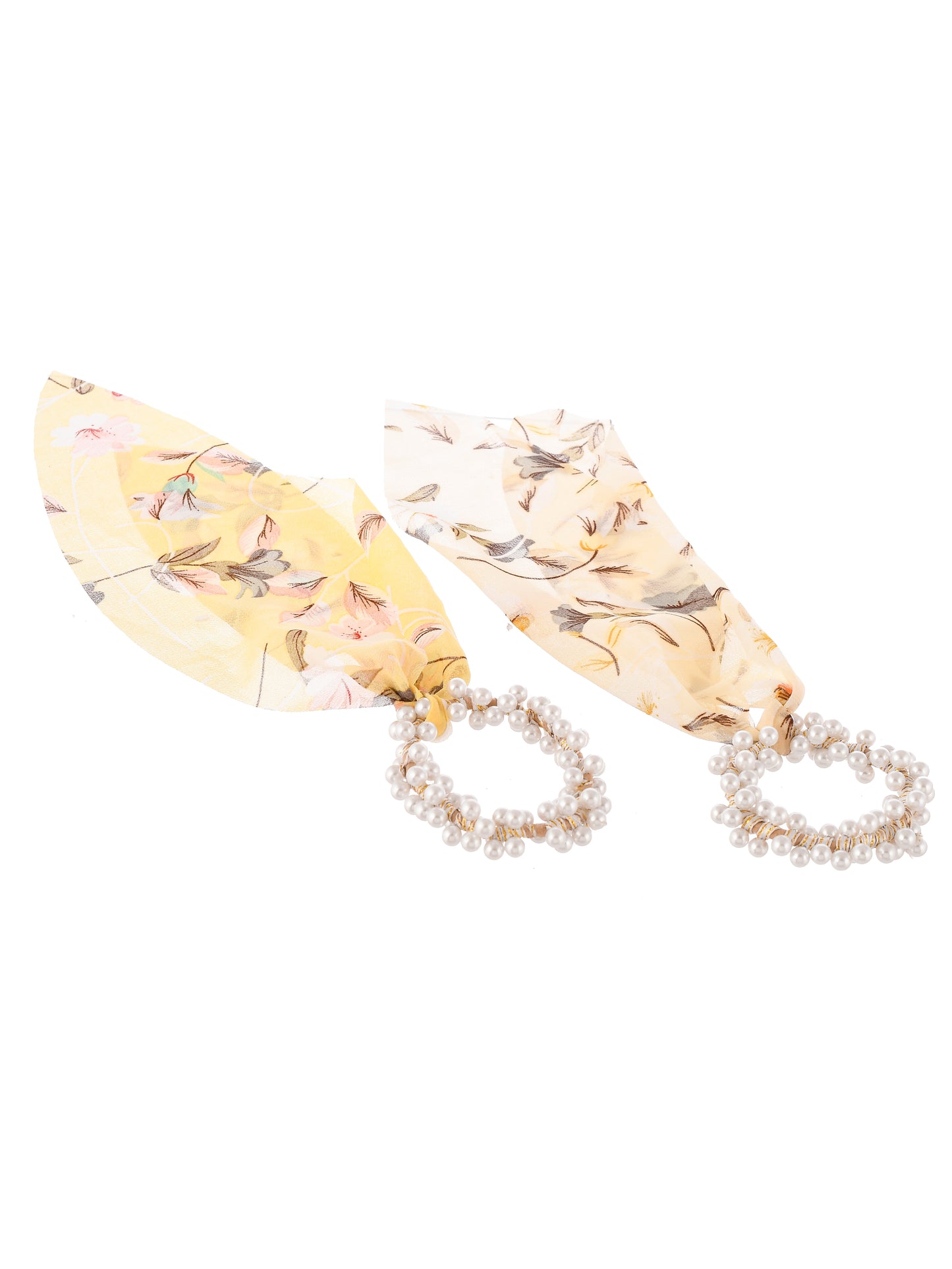 Set Of 2 Yellow White Pearl Beaded Printed Ponytail Holders