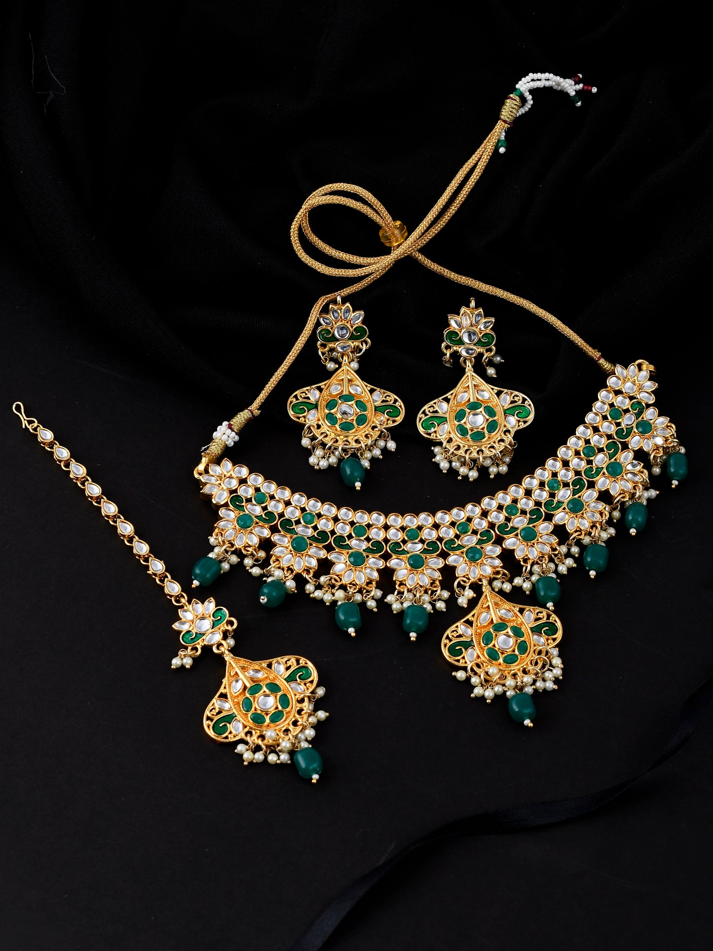 Gold Plated pearl Triple Layer choker Rukmani Jewellery Set