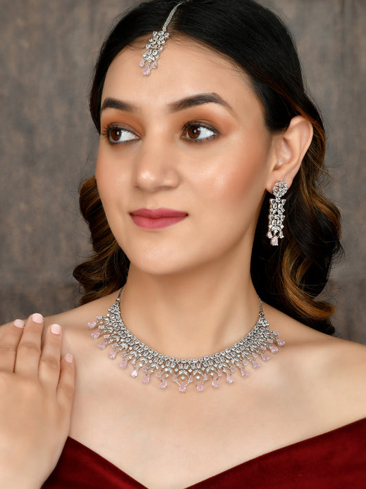 American Diamond Pink Jewellery Set With Maang Tikka for Women Online