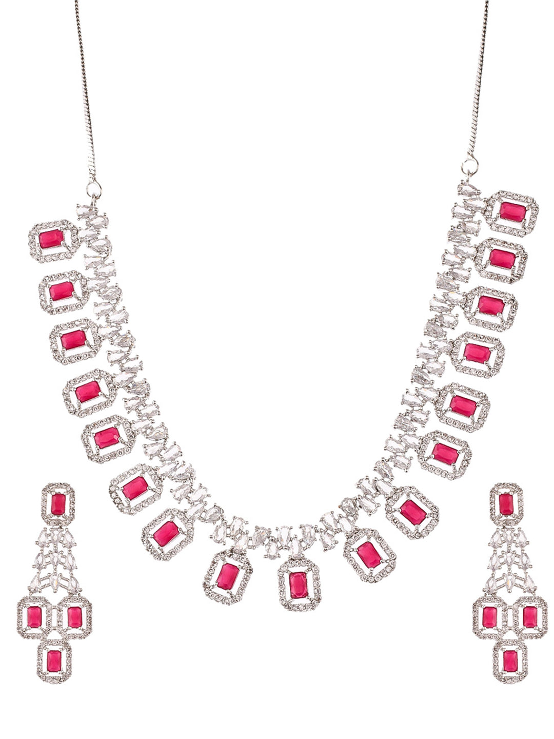 Silver Plated American Diamond Faux Ruby Jewellery Set