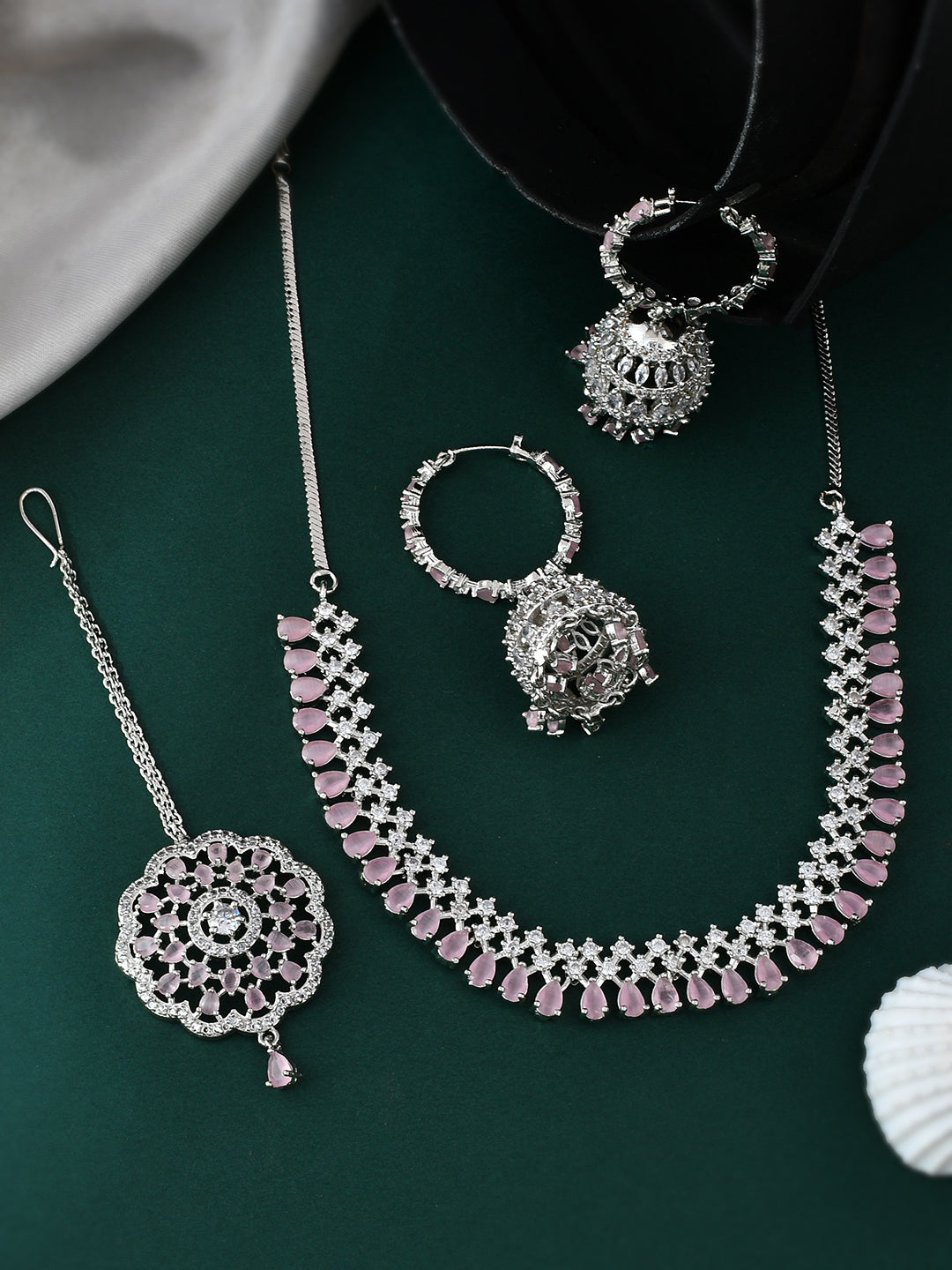 Silver Plated Pink Stone Stubbed American Diamond Jewellery Set With Maang Tikka