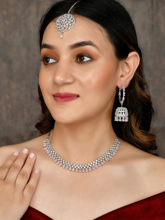Silver Plated American Diamond Jewellery Set With Maang Tikka Women Online