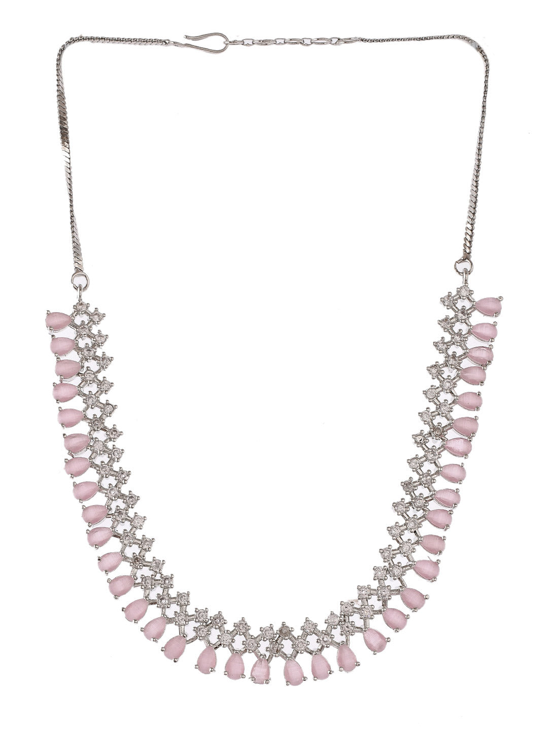 Silver Plated Pink Stone Stubbed American Diamond Jewellery Set With Maang Tikka