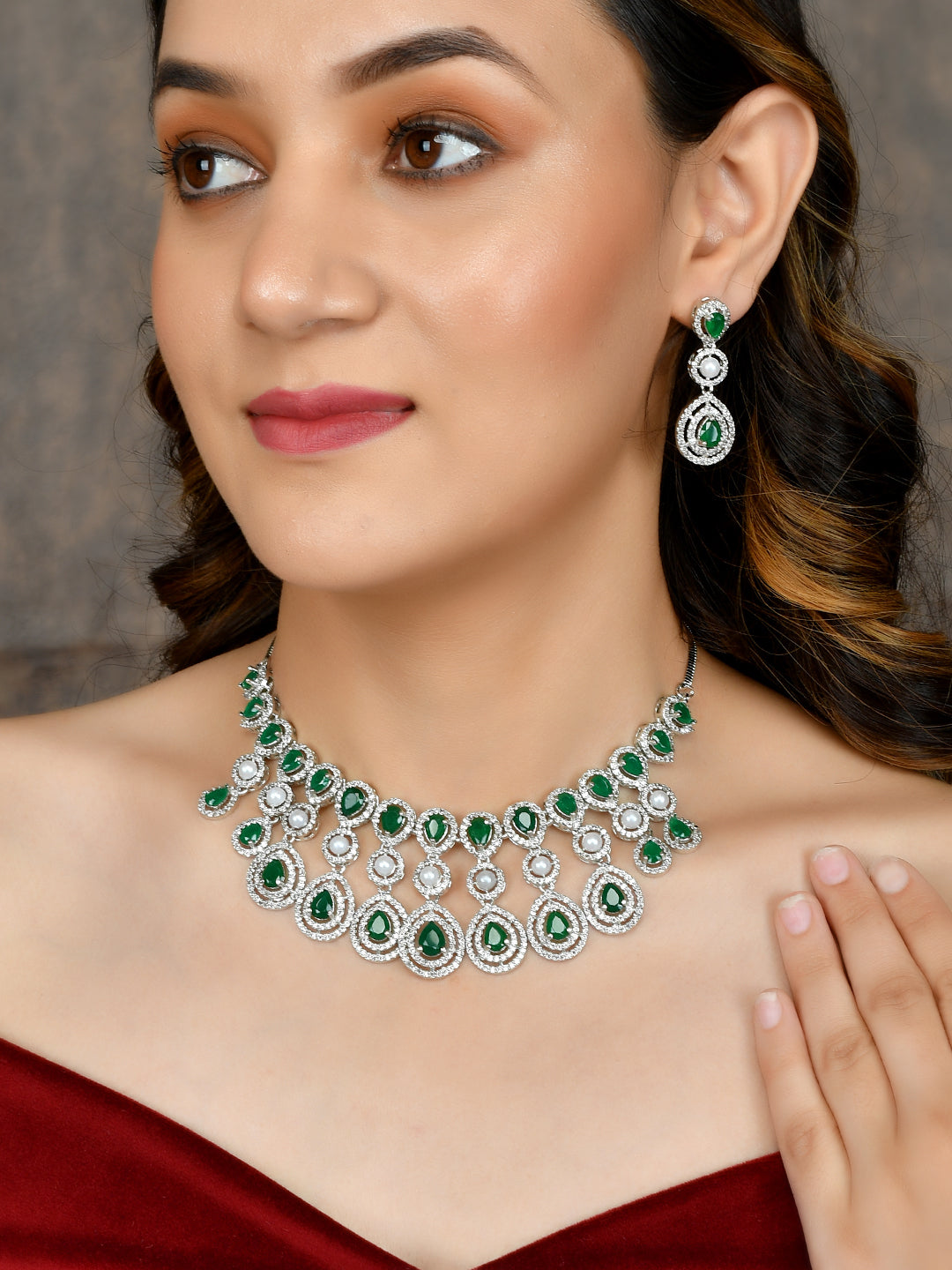 Green Stone Ethnic American Diamond Jewellery Set