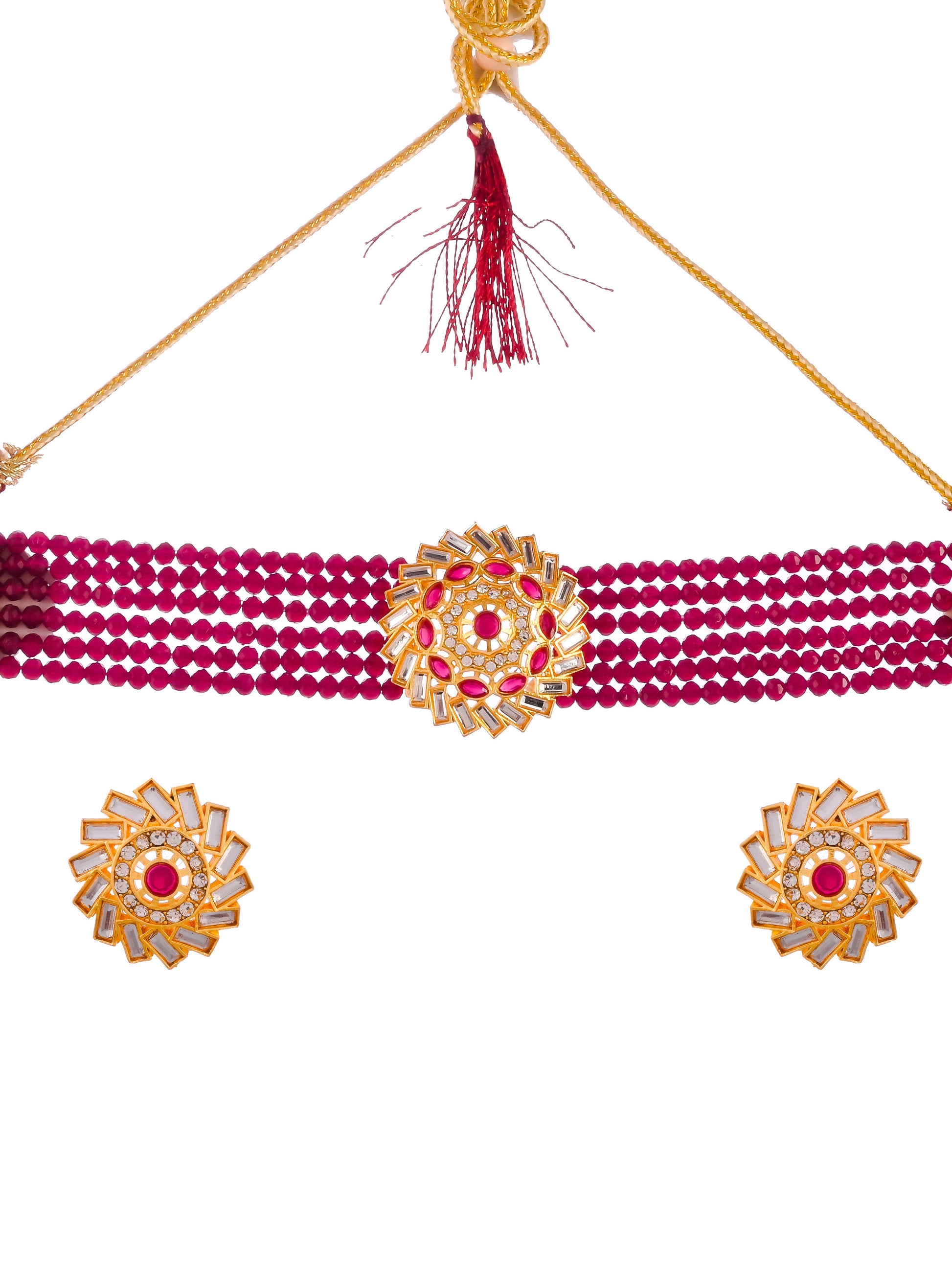 Women Gold Plated Red Beaded Choker Jewellery Set
