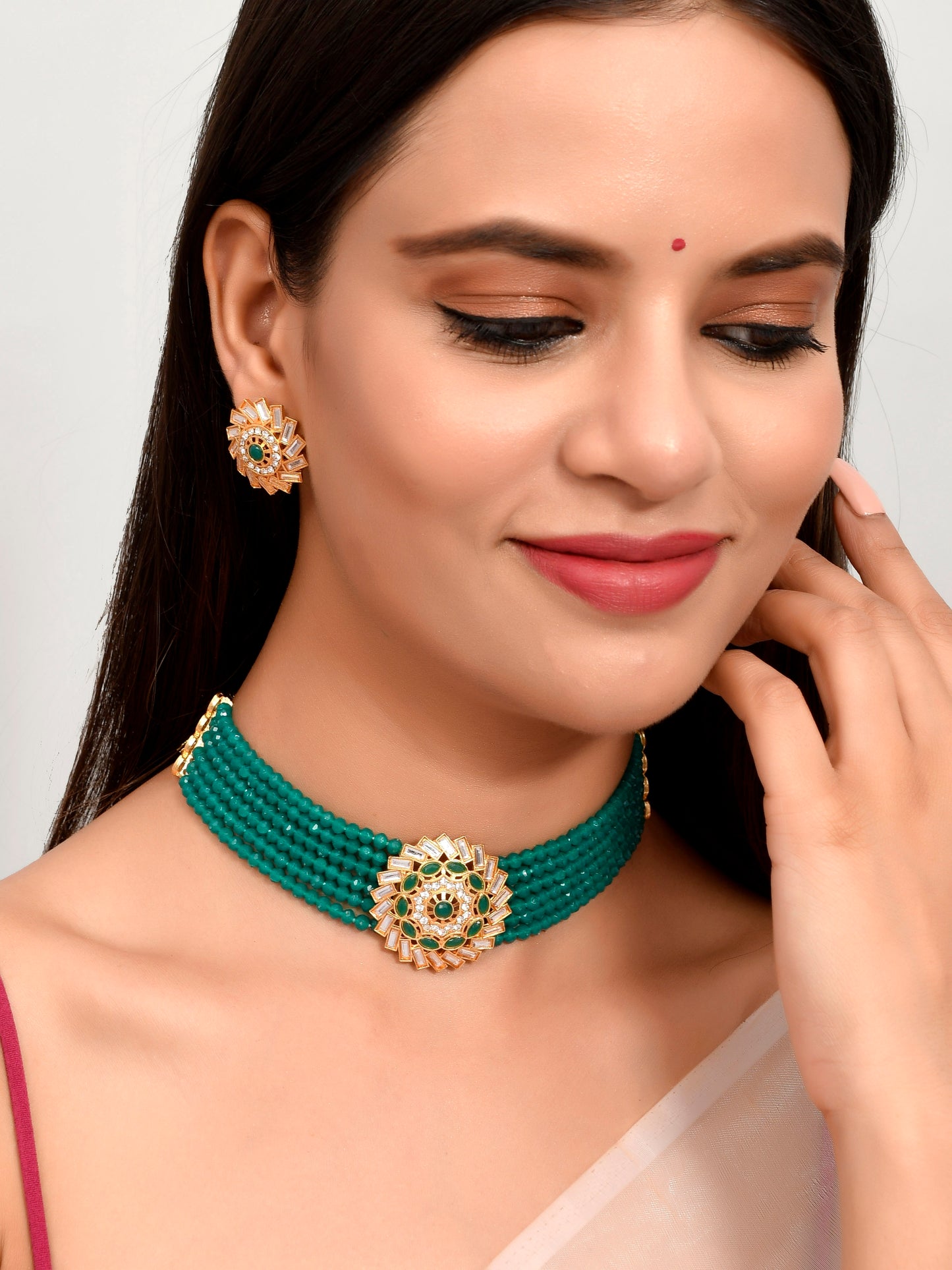 Women Gold Plated Green Bead Choker Jewellery Sets for Women Online