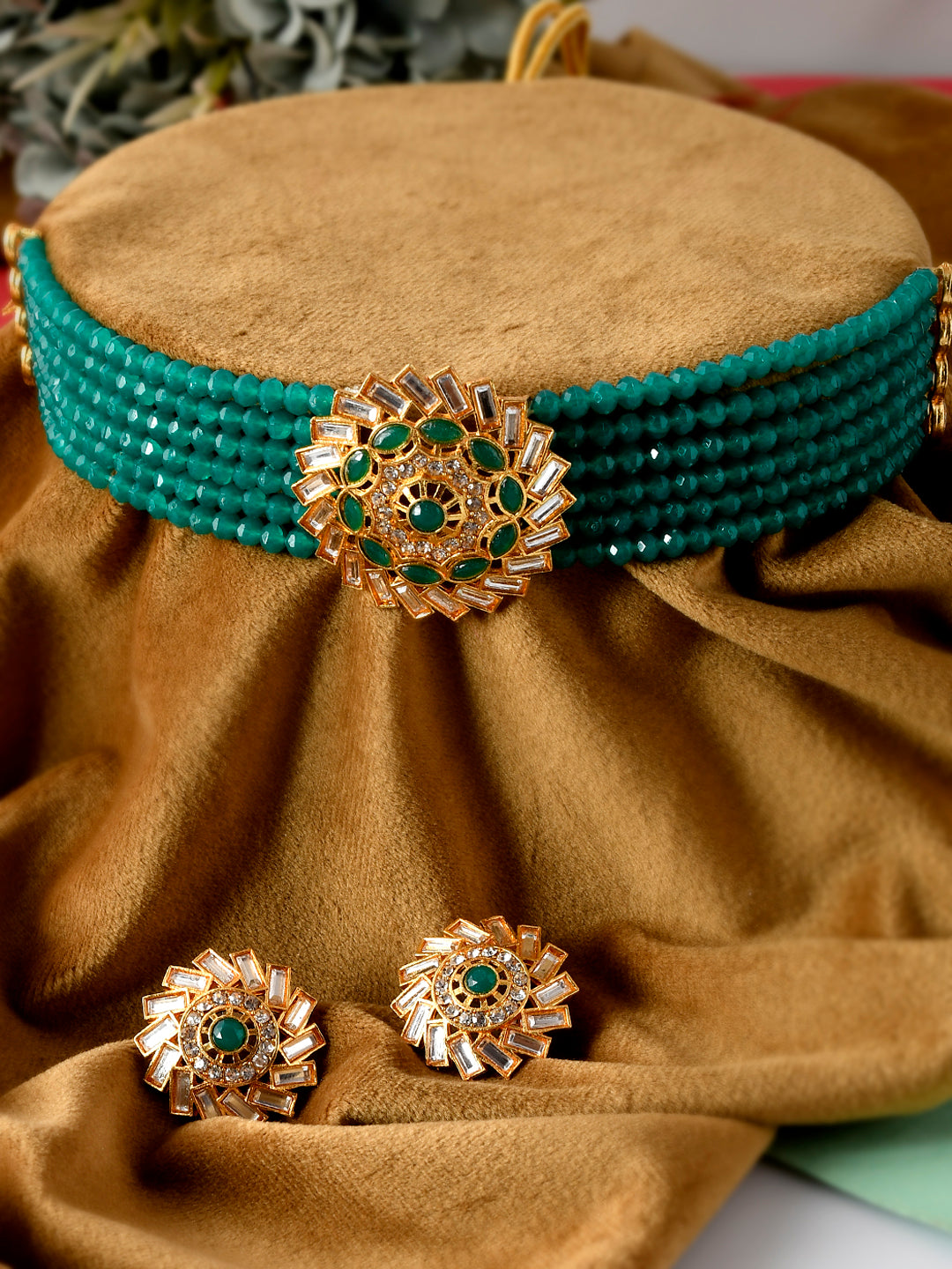Women Gold Plated Green Bead Choker Jewellery Set