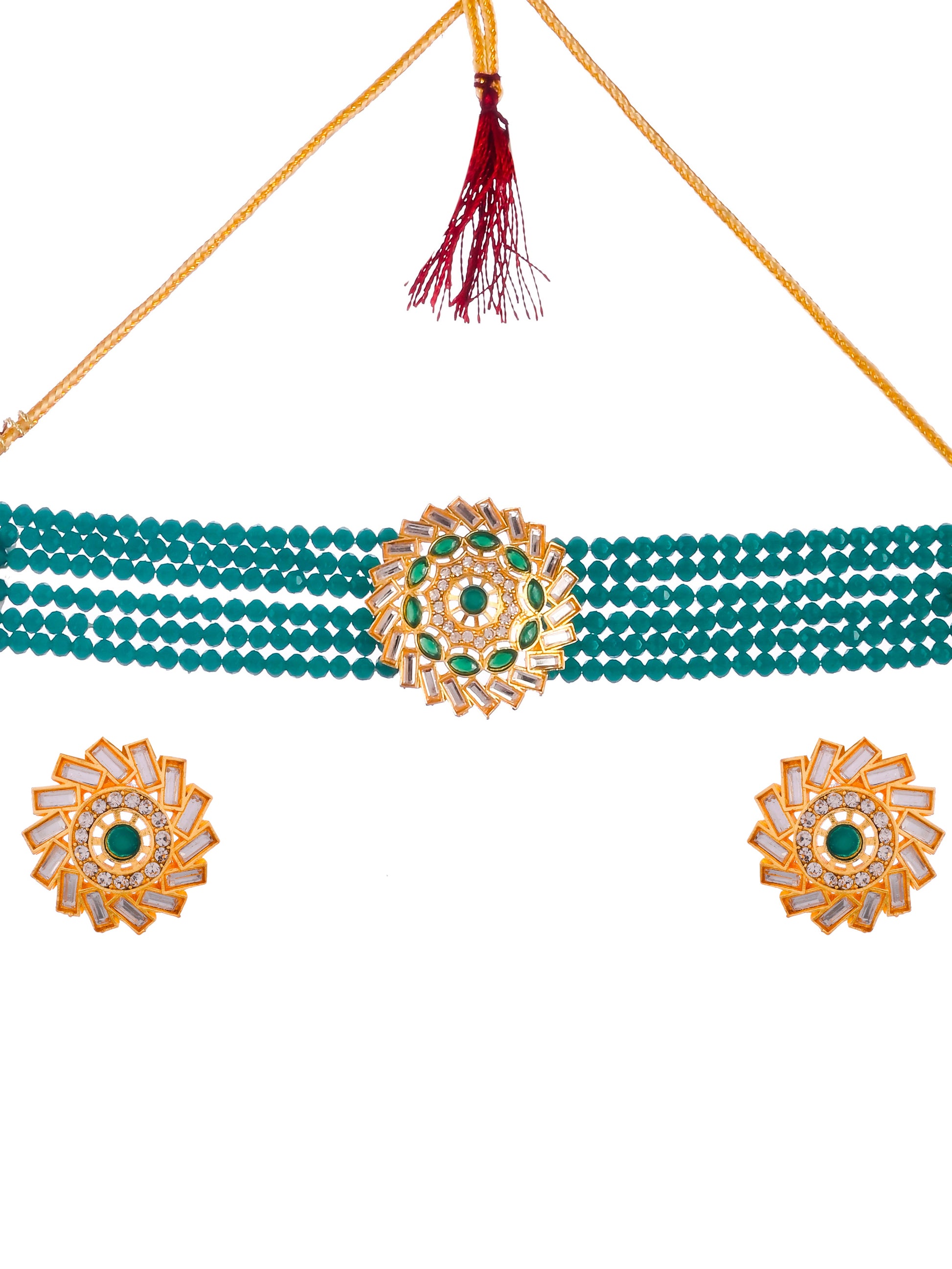 Women Gold Plated Green Bead Choker Jewellery Set
