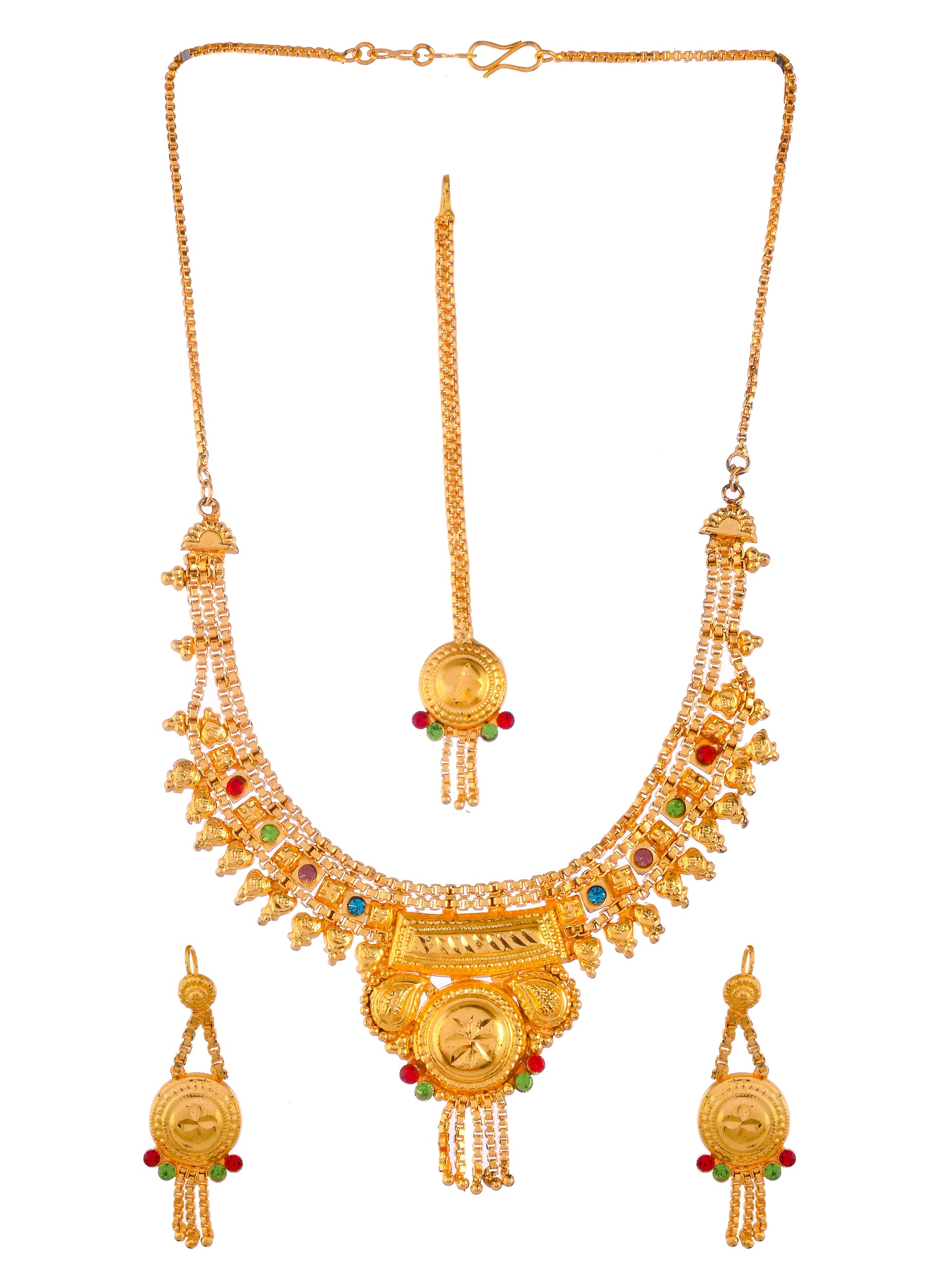 Gold Plating & Red & Green Stone Stubbed Temple Jewellery Set