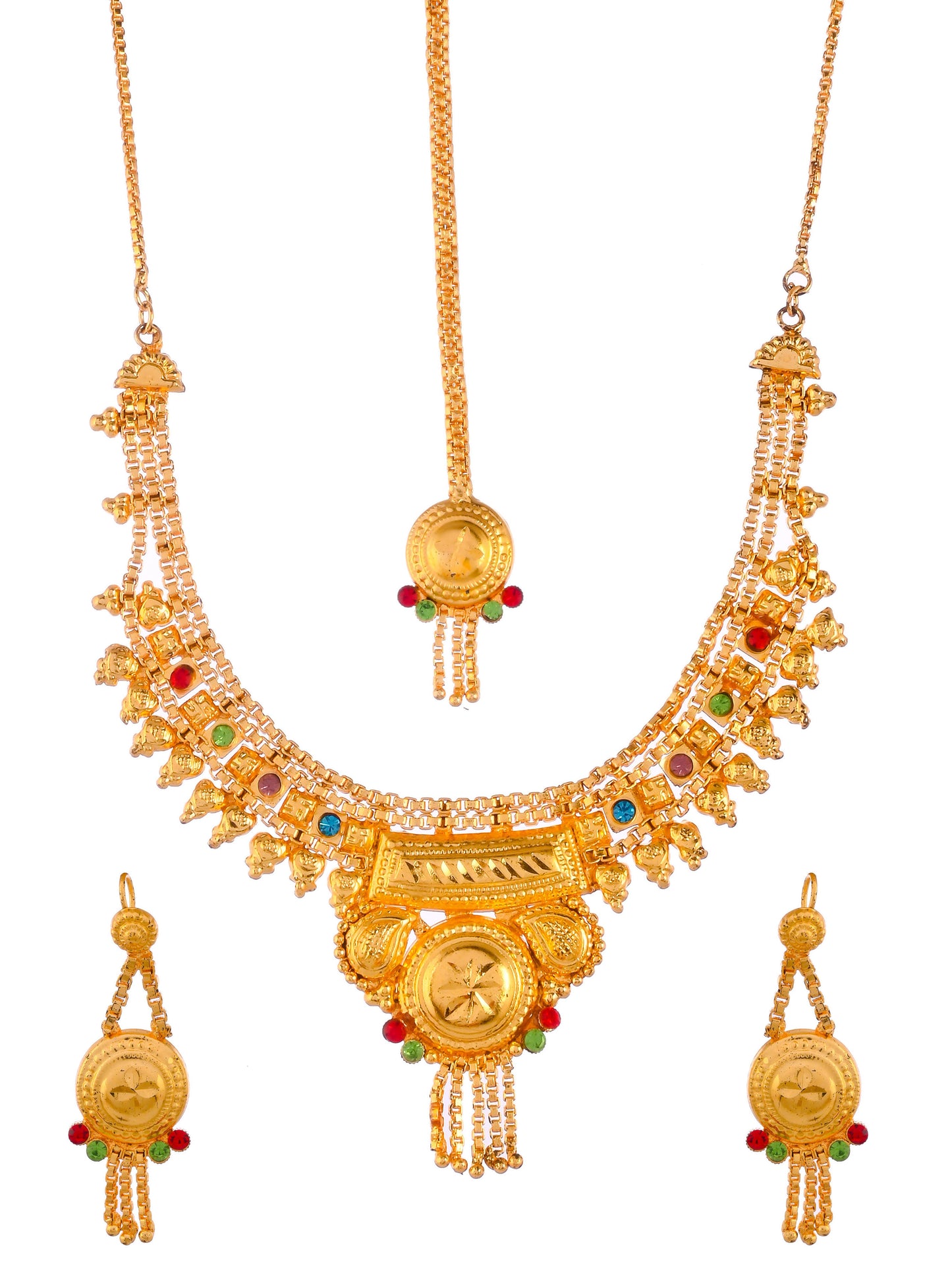 Gold Plating & Red & Green Stone Stubbed Temple Jewellery Set