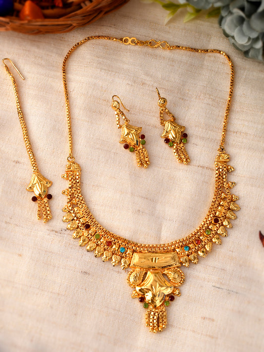 Gold Plated Blue Orange Green Stone Stubbed Temple Jewellery Set