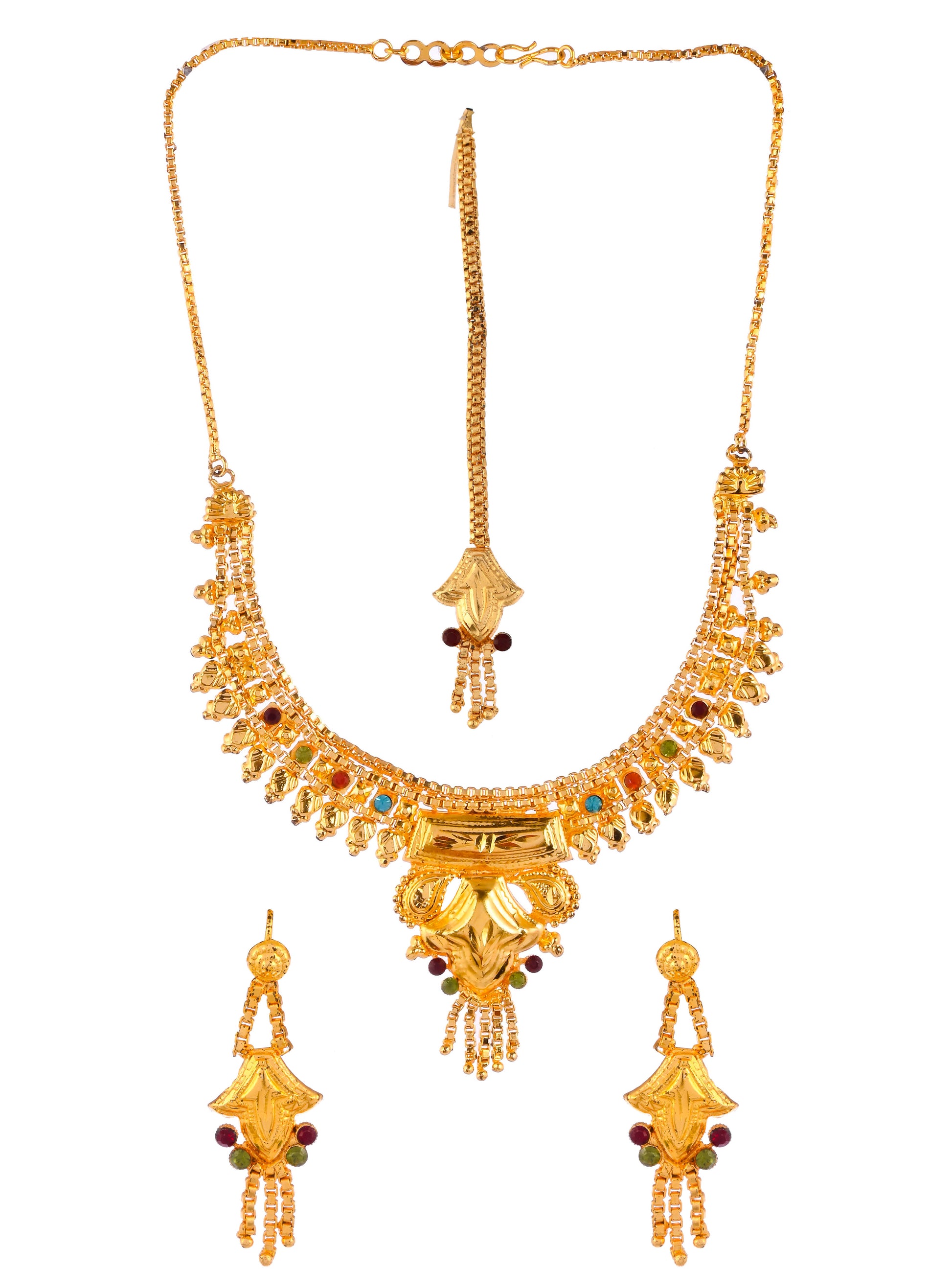 Gold Plated Blue Orange Green Stone Stubbed Temple Jewellery Set