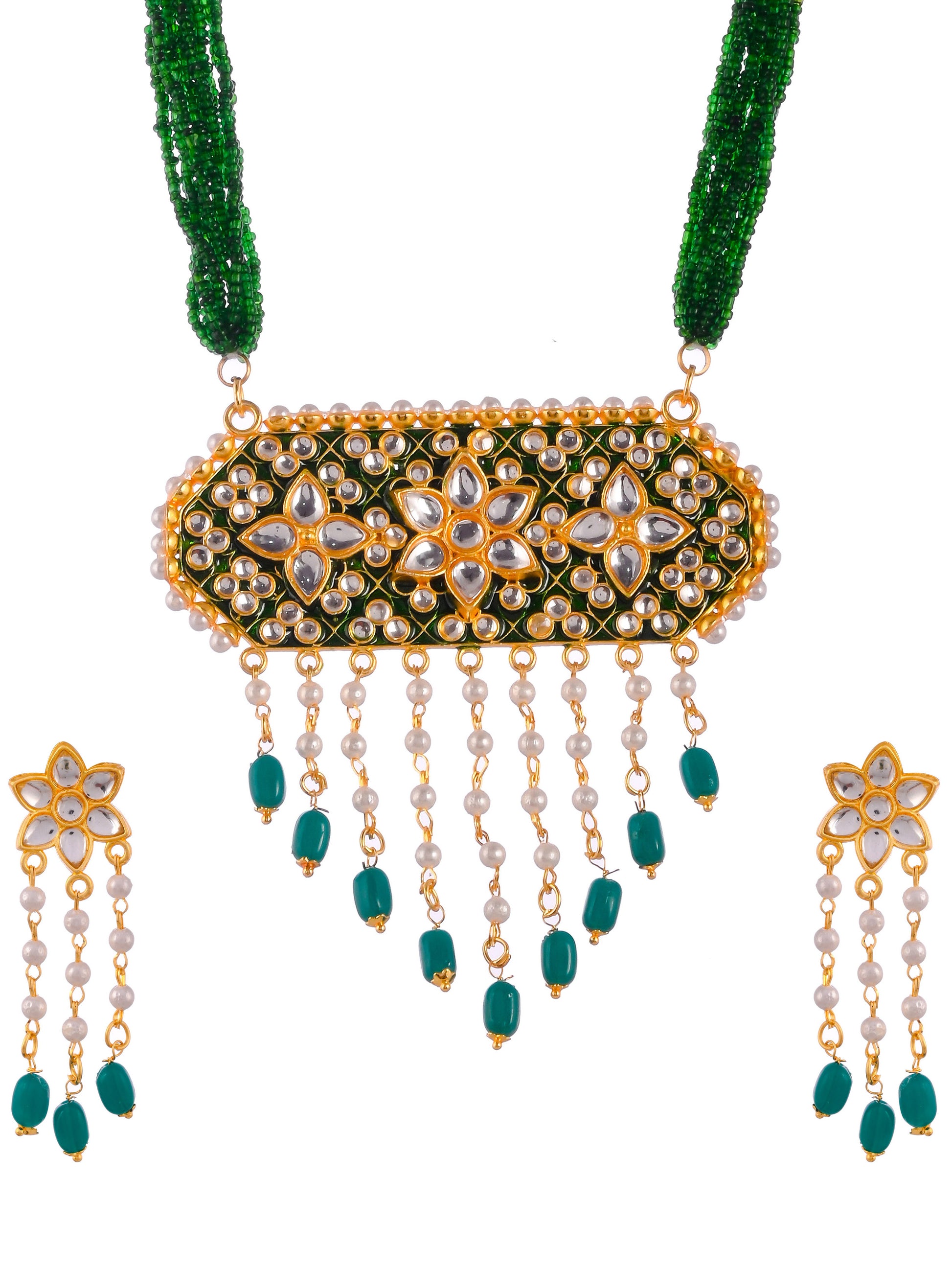 Women Gold Plated Kundan Beaded Long Necklace Jewellery Set