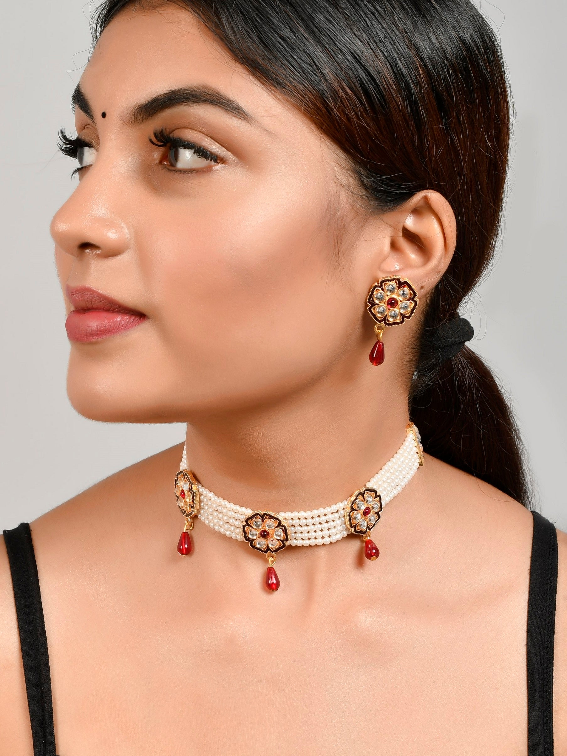 Gold Plated Layered White Pearl Red Stone Stubbed Choker Necklace set