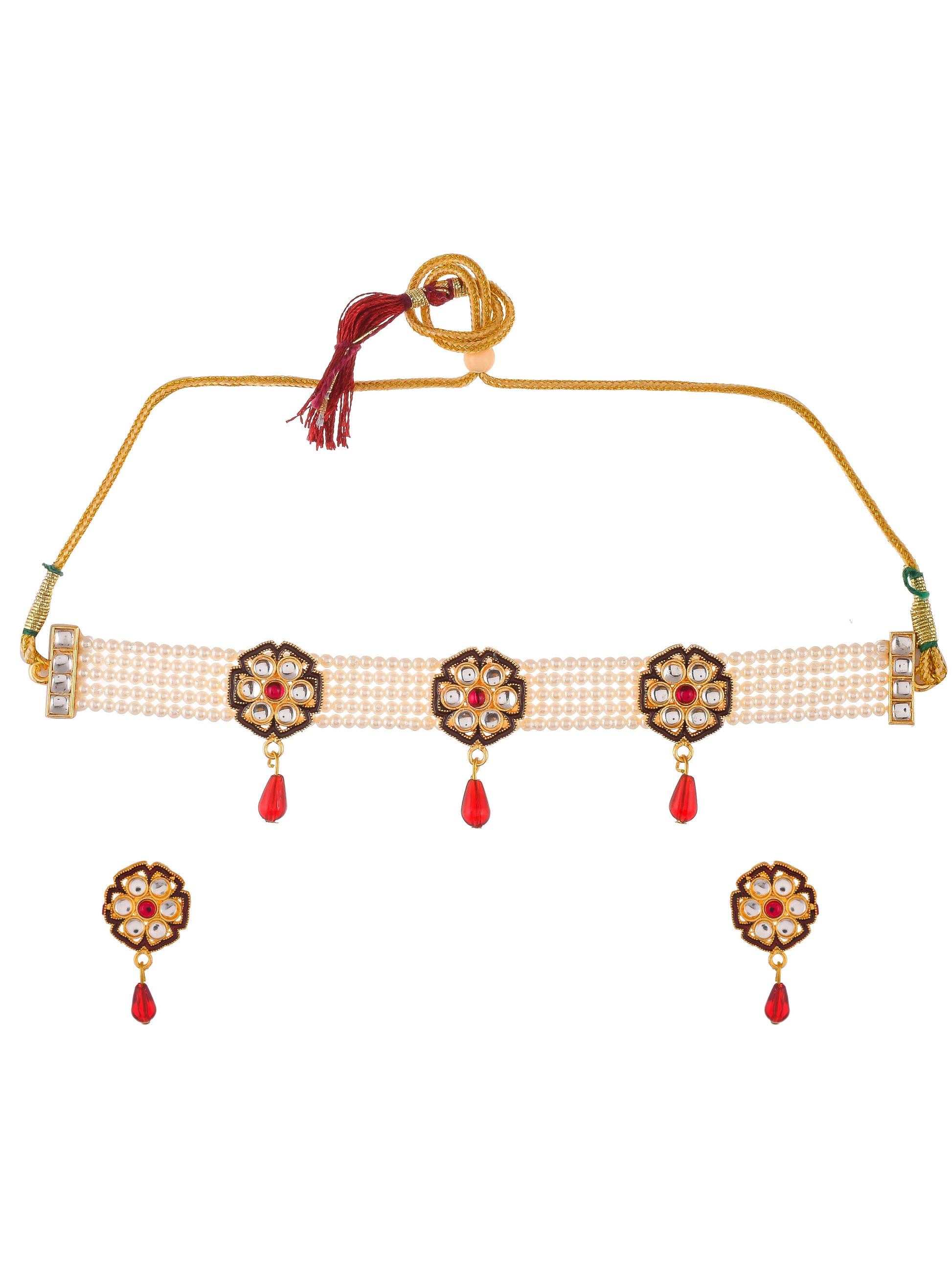 Gold Plated Layered White Pearl Red Stone Stubbed Choker Necklace set