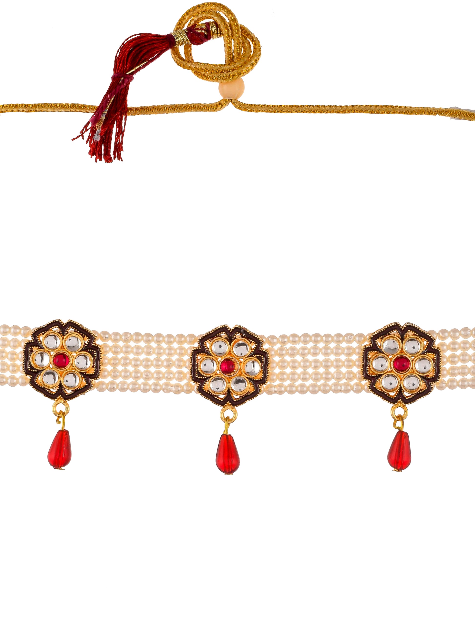 Gold Plated Layered White Pearl Red Stone Stubbed Choker Necklace set