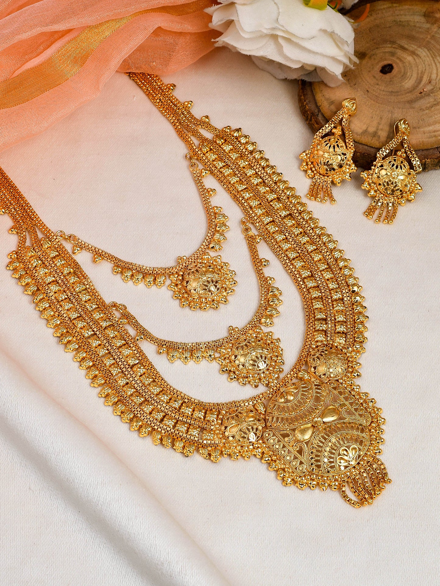 Gold Plated Triple Layer Temple Jewellery Set