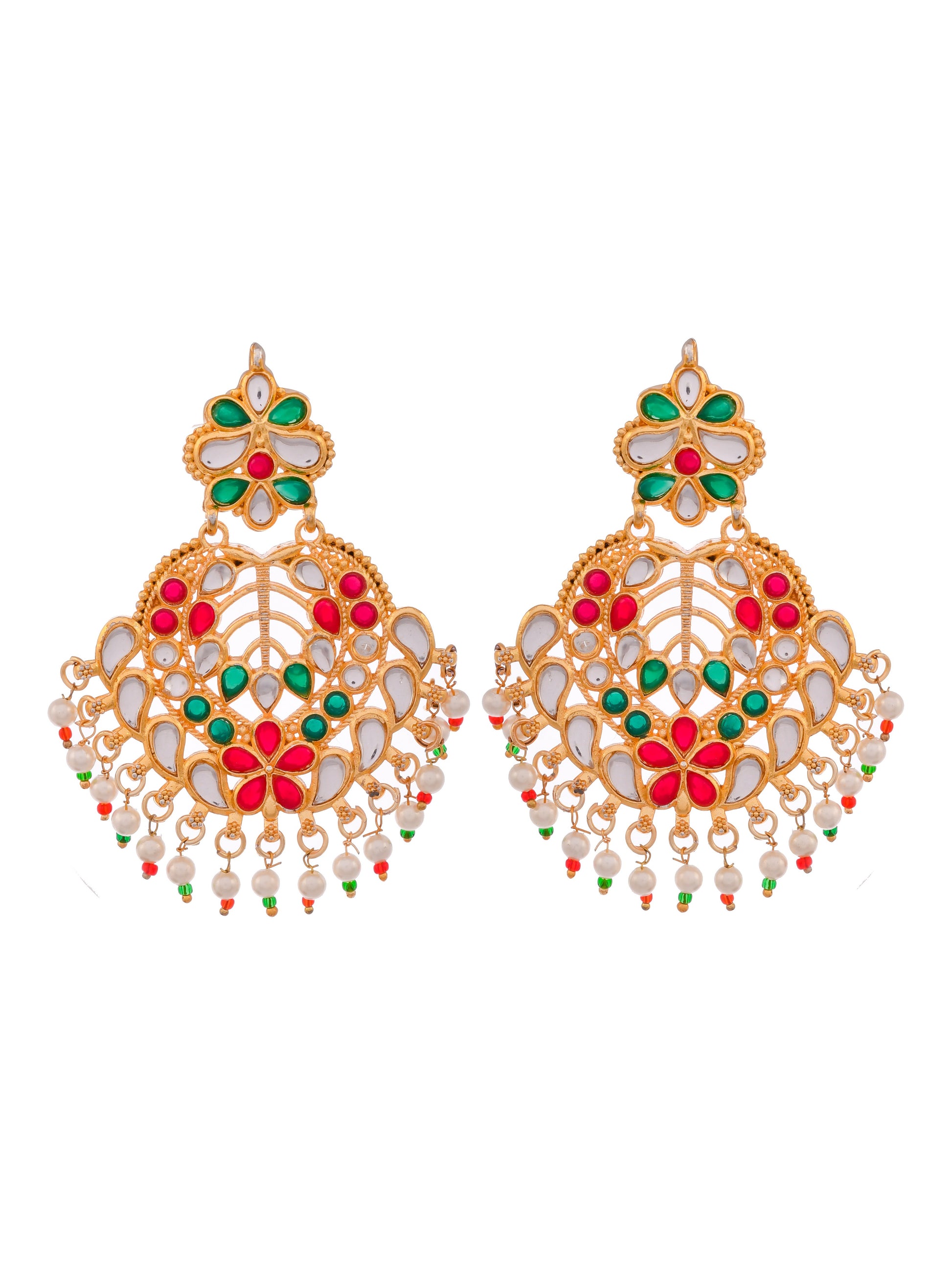 Women Gold-Plated Red & White Kundan Maang Tikka with Earrings