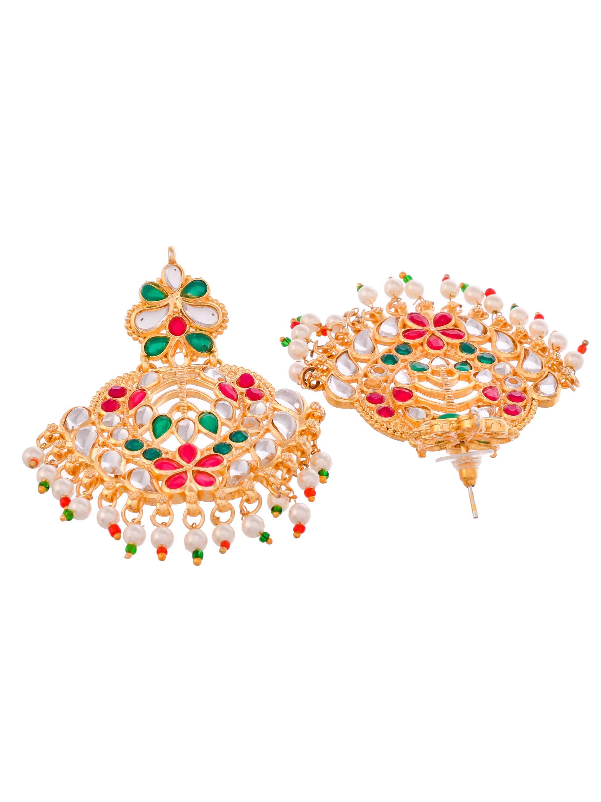 Women Gold-Plated Red & White Kundan Maang Tikka with Earrings