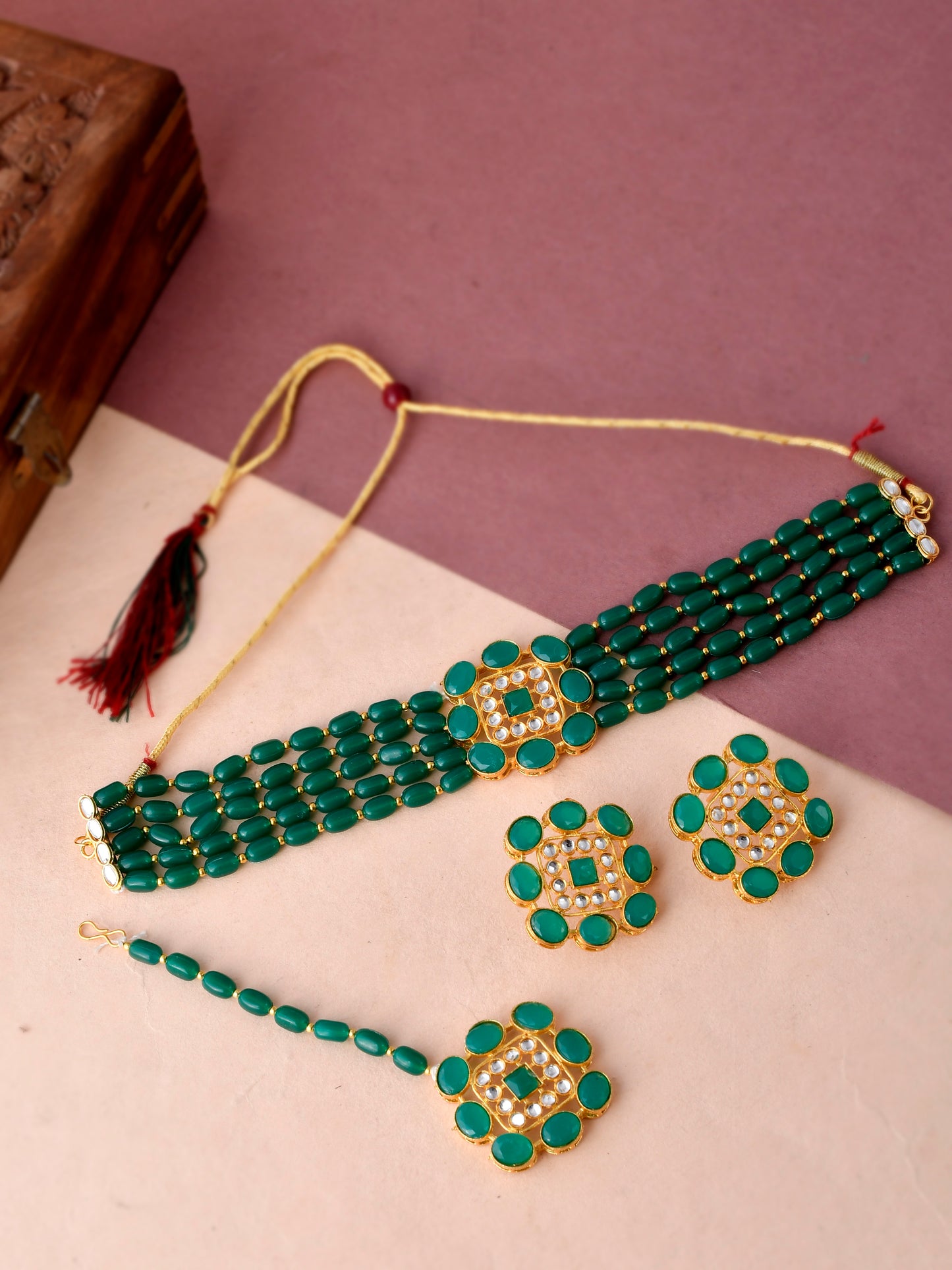 Gold Plated Green Choker Jewellery Set