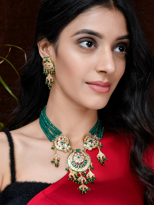 Gold Plated & Green Beaded Traditonal Jewellery Sets for Women Online