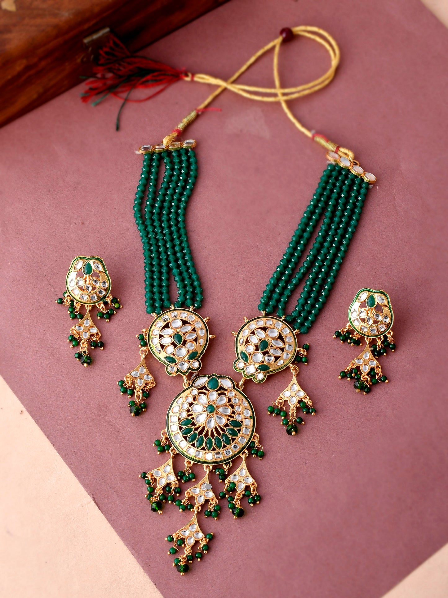 Gold Plated & Green Beaded Traditonal Jewellery Set