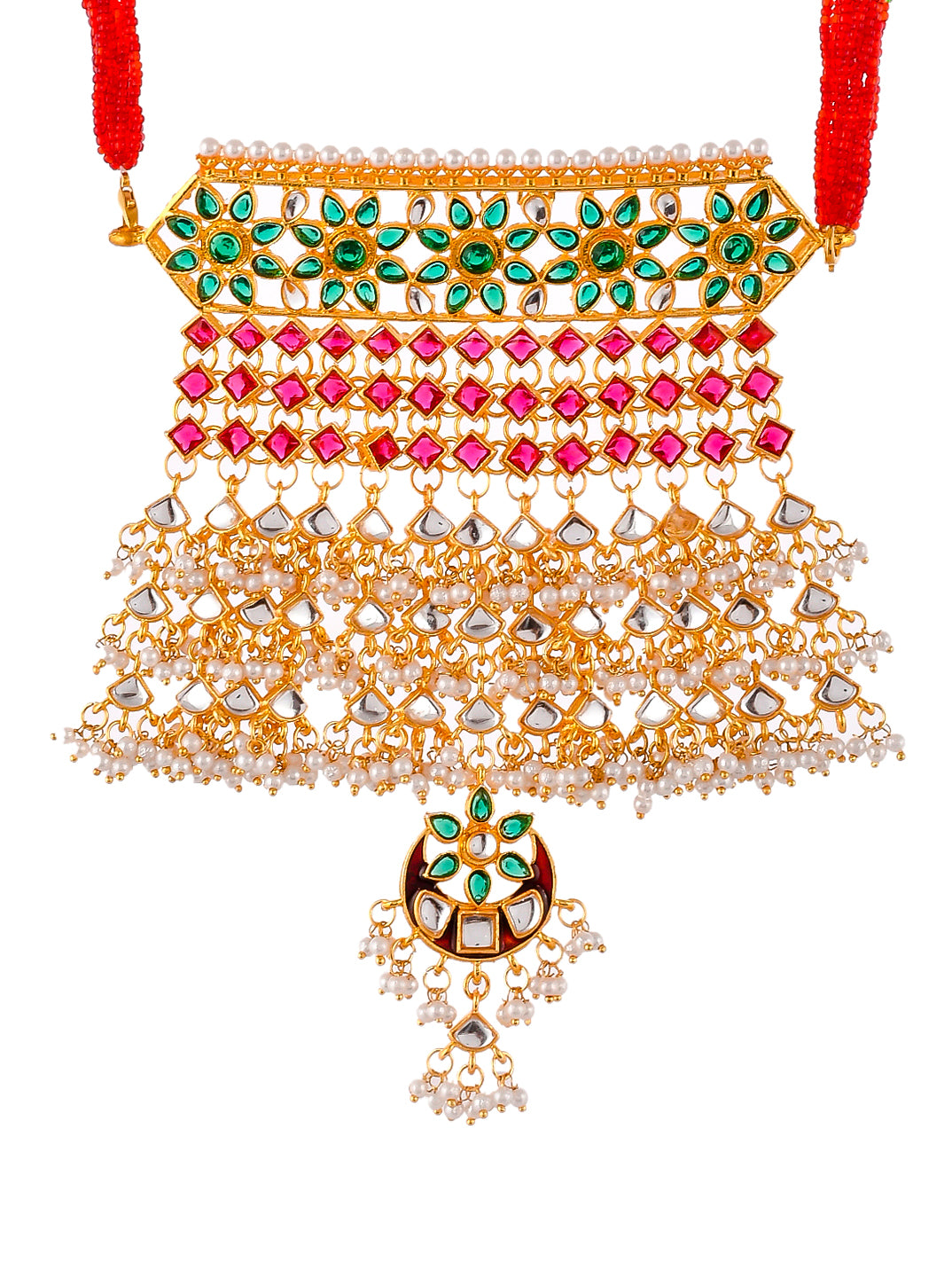 Gold Plated Traditional Pearl Rajputi Kundan With Red Bead Stubbed  Choker Bridal Jewellery Set