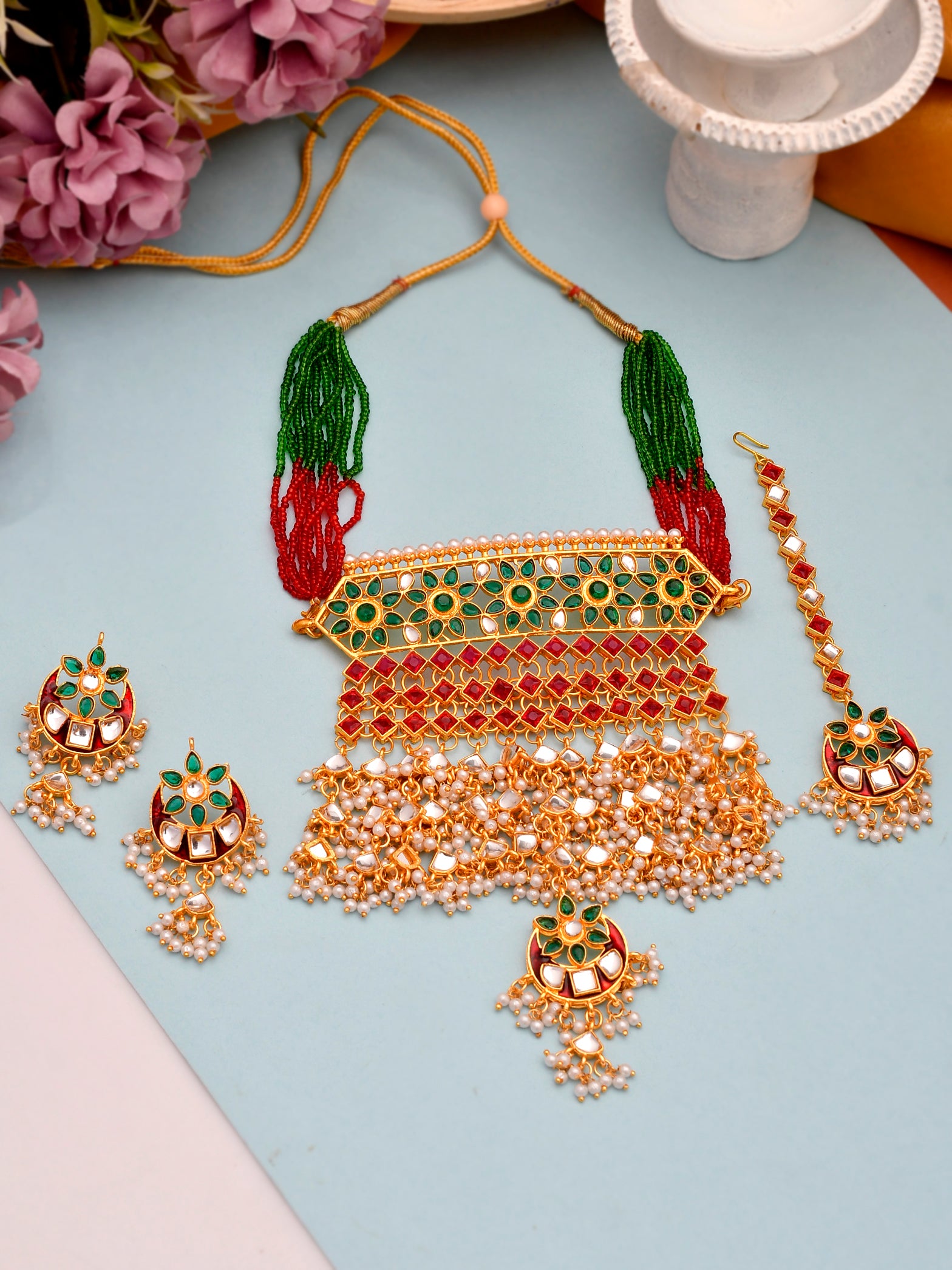 Gold Plated Traditional Pearl Rajputi Kundan With Red Bead Stubbed  Choker Bridal Jewellery Set