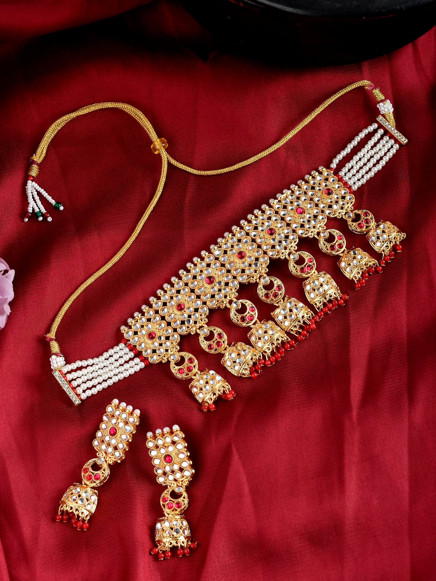 Gold Plated Kundan & Pearl Beaded Choker Jewelry Set
