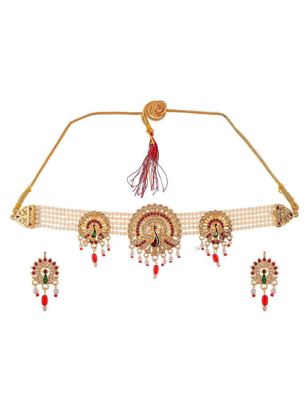 Gold Plated Kundan Studded Peacock Brooch Jewelry Set