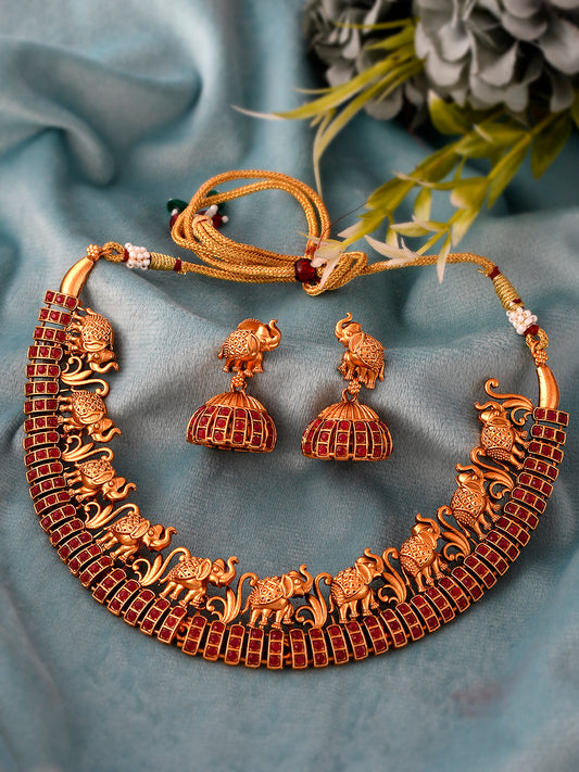 Women Gold Toned & Plated Temple Jewellery Set