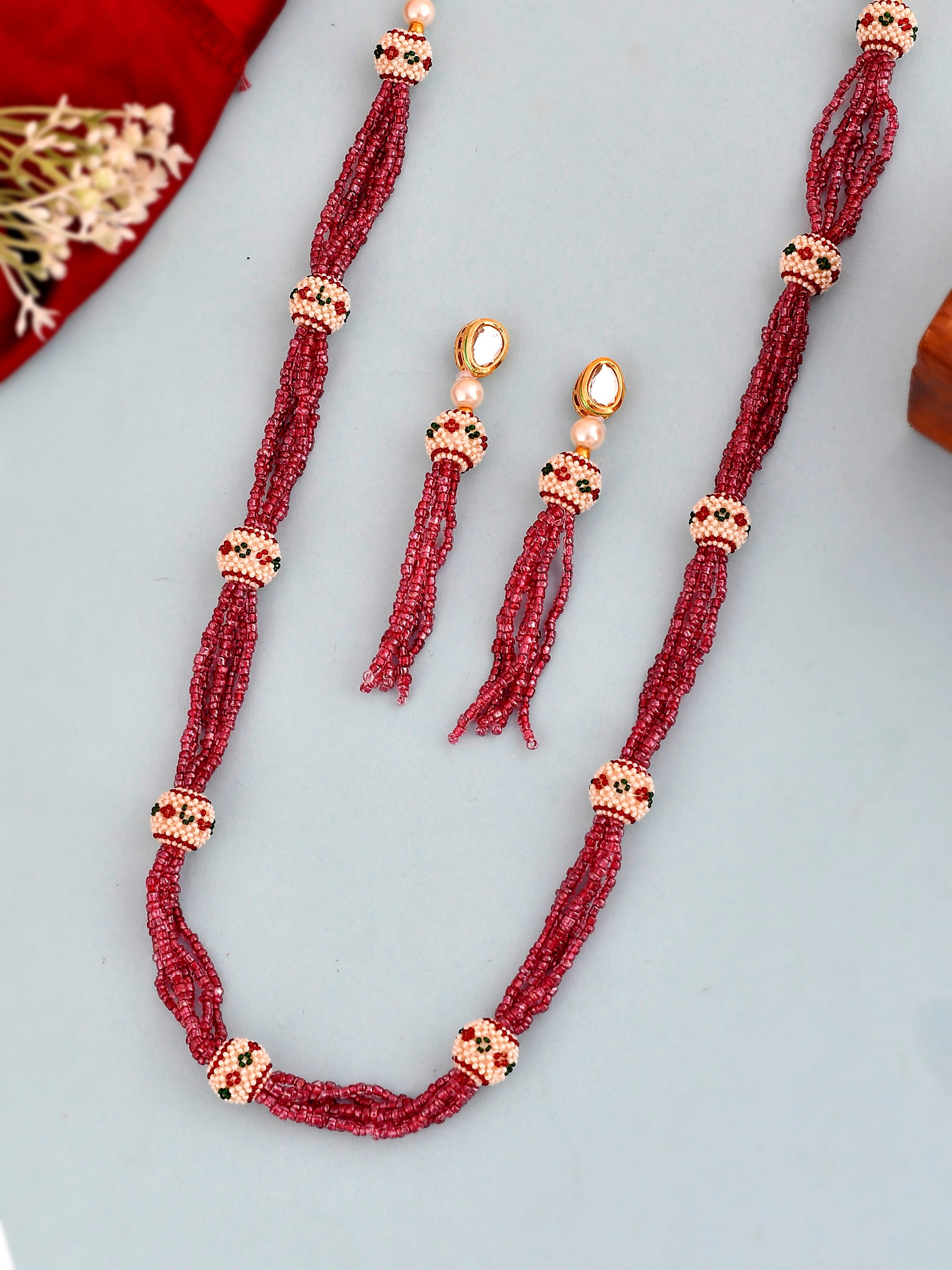 Gold Toned Pink Pearl Bead Jewellery Set