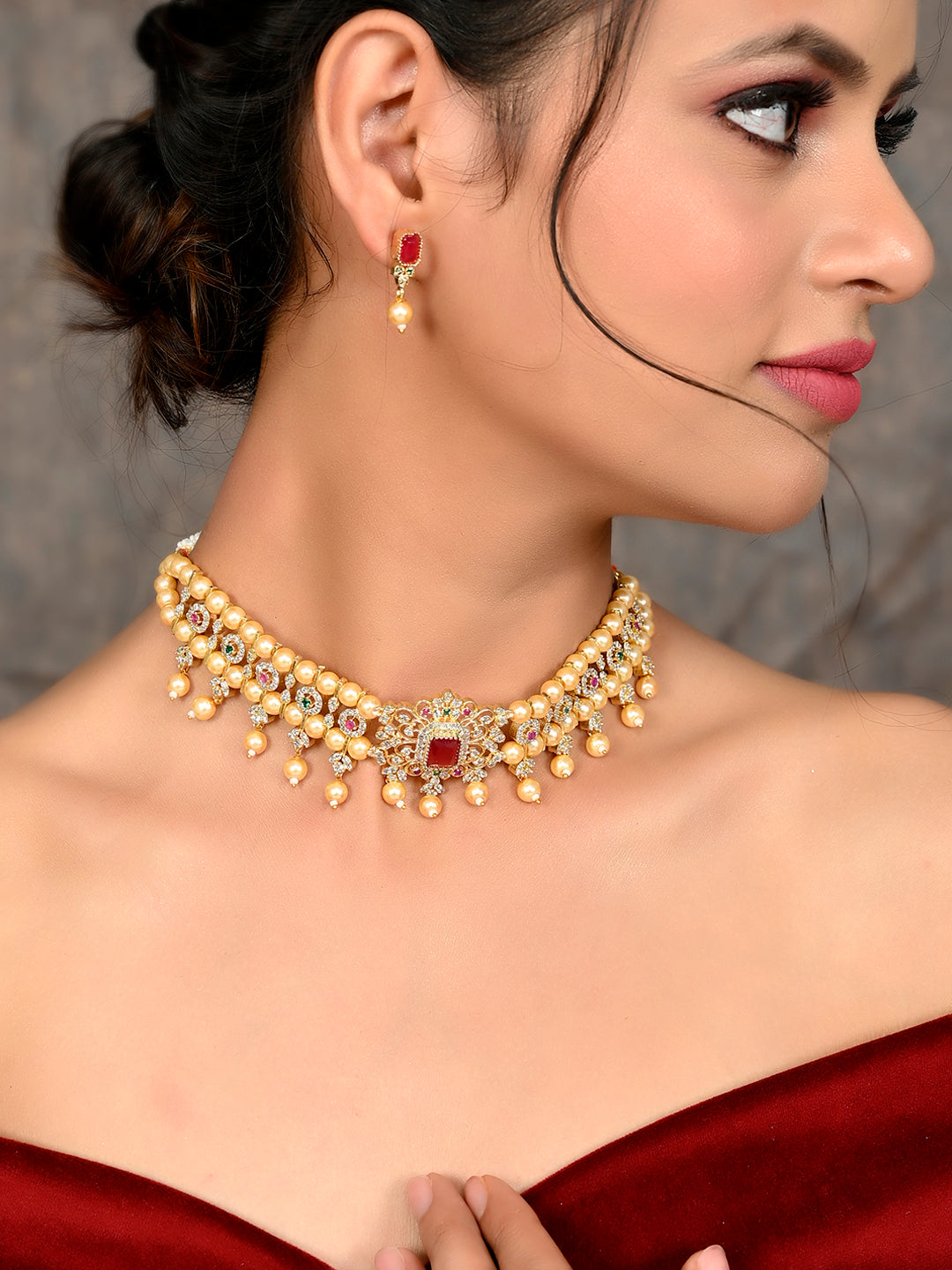 Gold Plated American Diamond Choker Pearl Jewellery Sets for Women Online