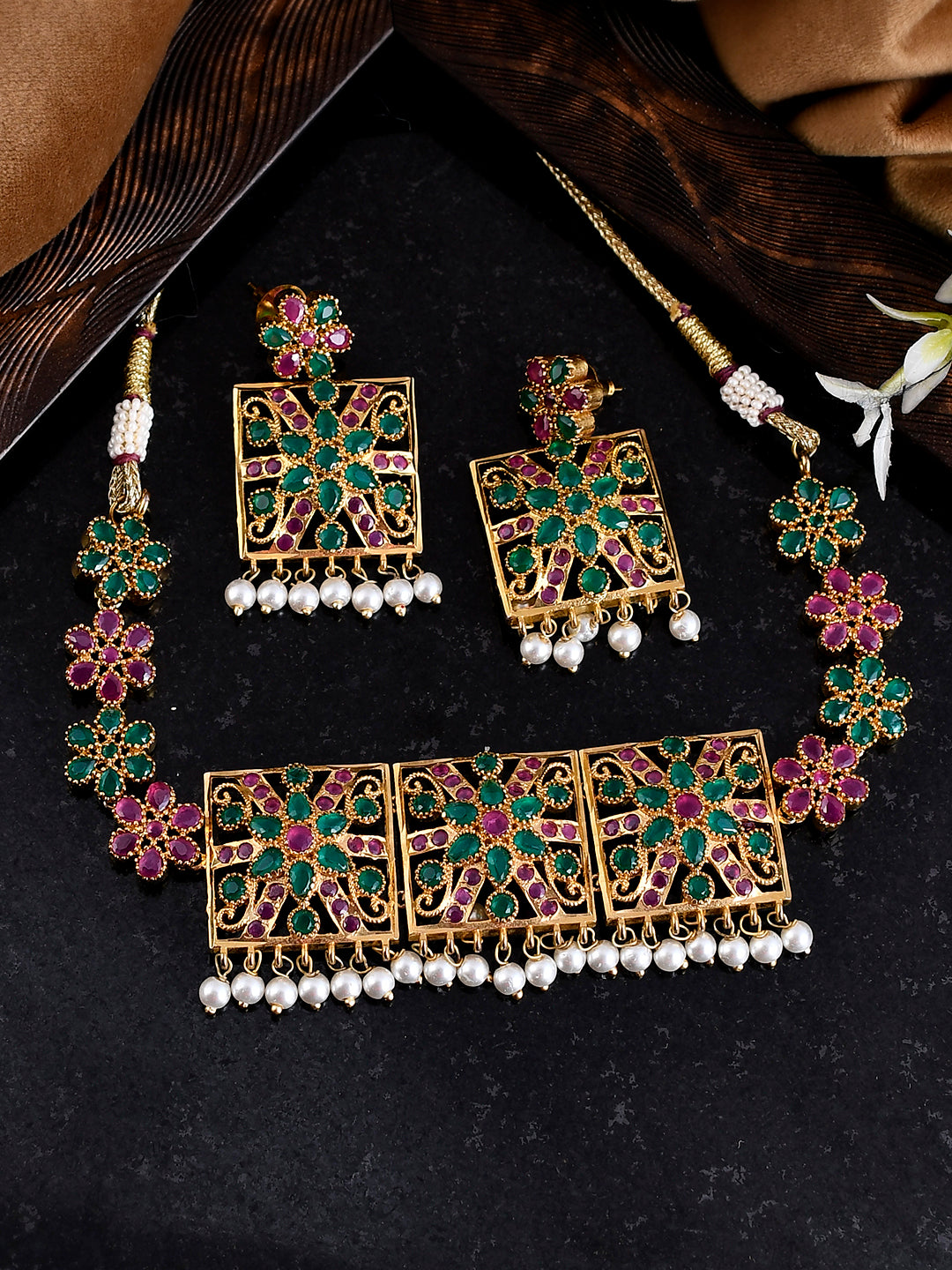 Gold Plated Red And Pink American Diamond Floral Jewellery Set