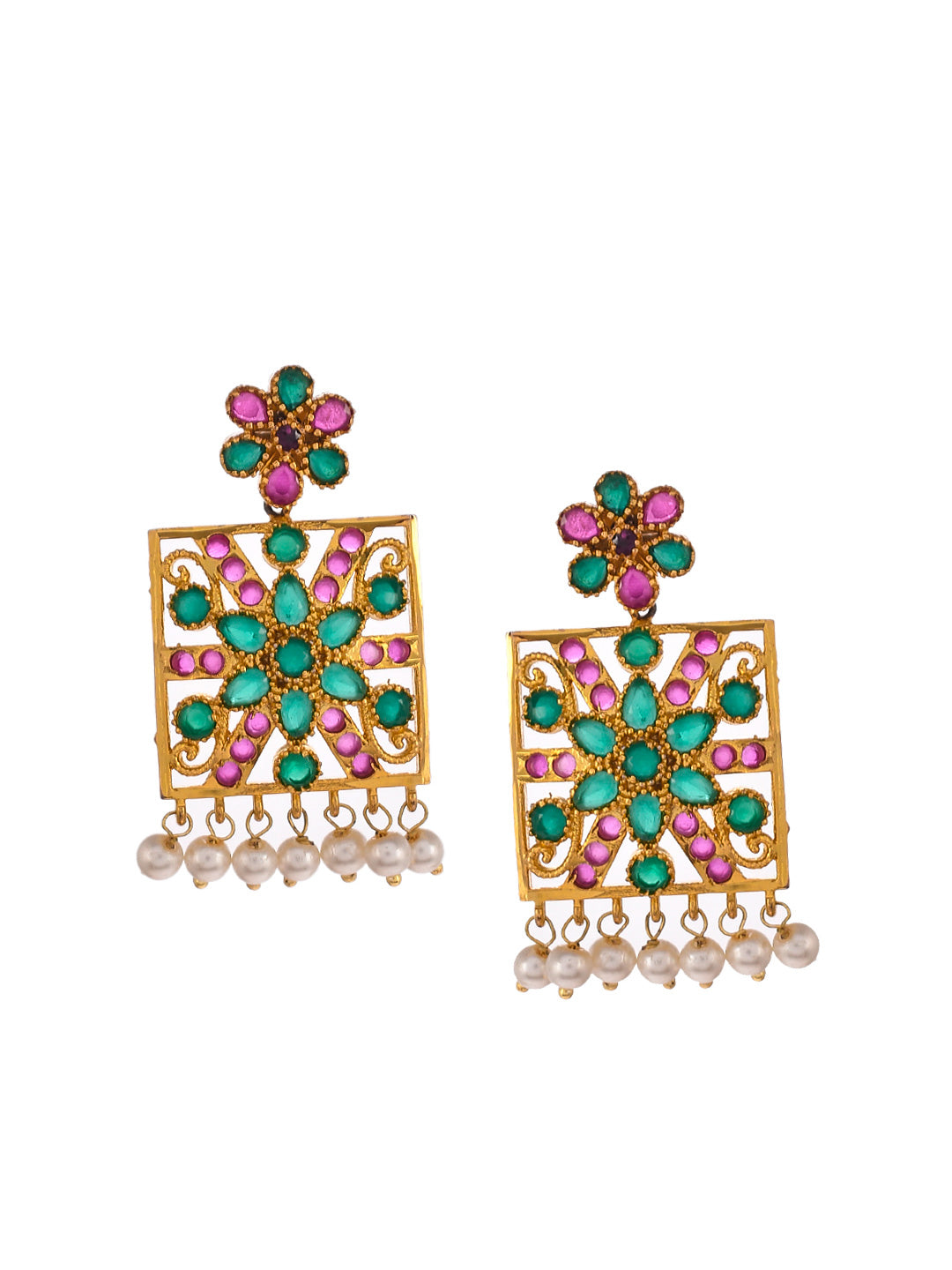 Gold Plated Red And Pink American Diamond Floral Jewellery Set