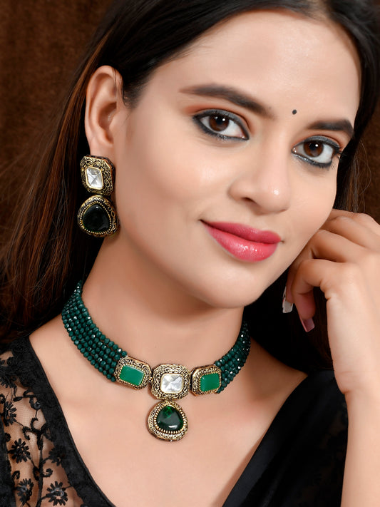 Gold Plated Green and White Stone Studded Beaded Choker for Women Online
