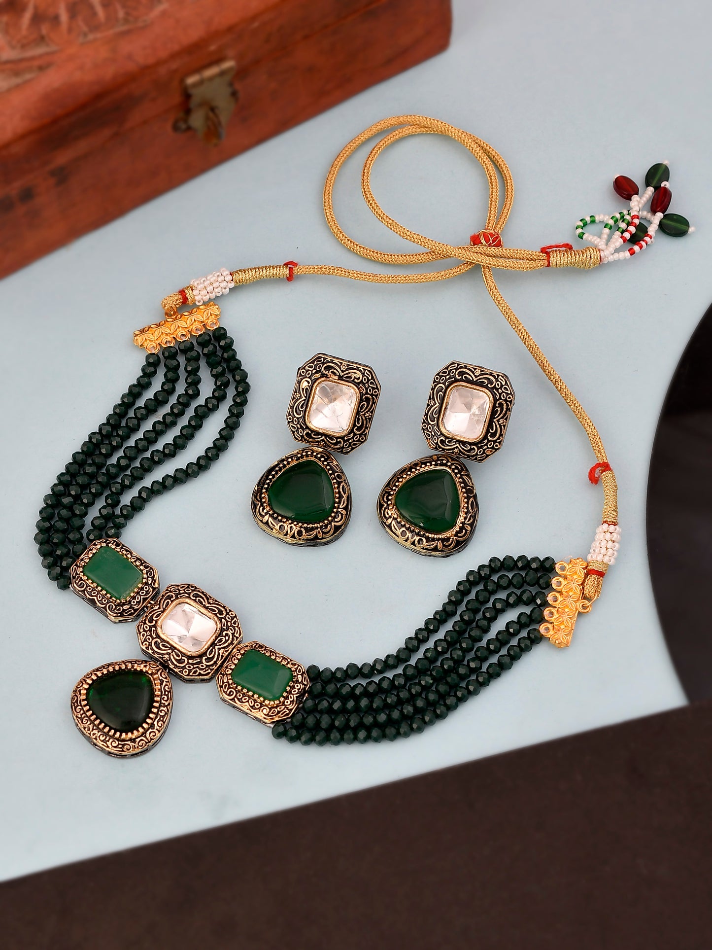 Gold Plated green And White Stone Studded Beaded choker Jewellery Set
