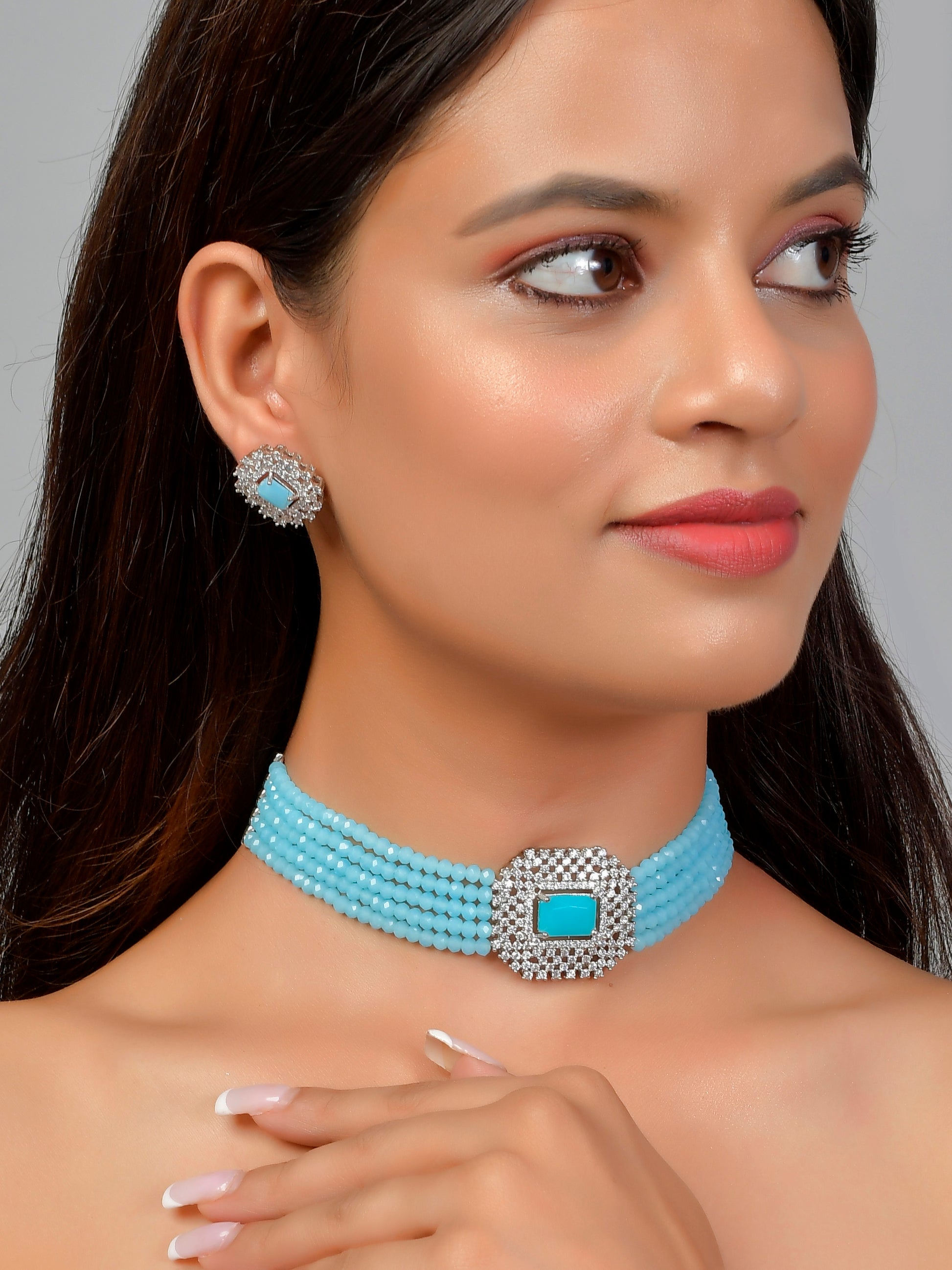 American Diamond Layered Blue Choker Jewellery Sets for Women Online