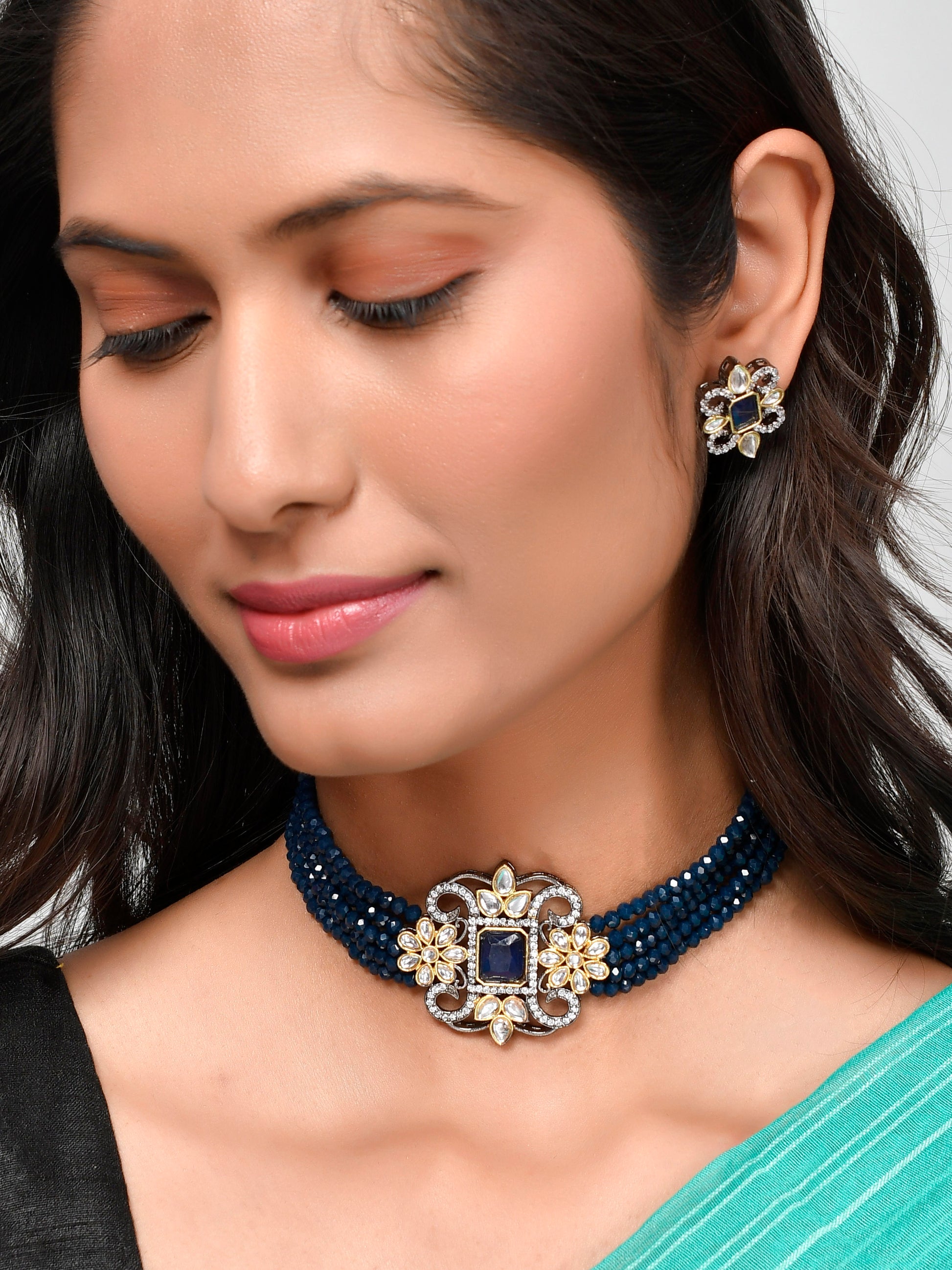 Gold Plated Ad Stone Studded Handcrafted Choker Jewellery Sets for Women Online