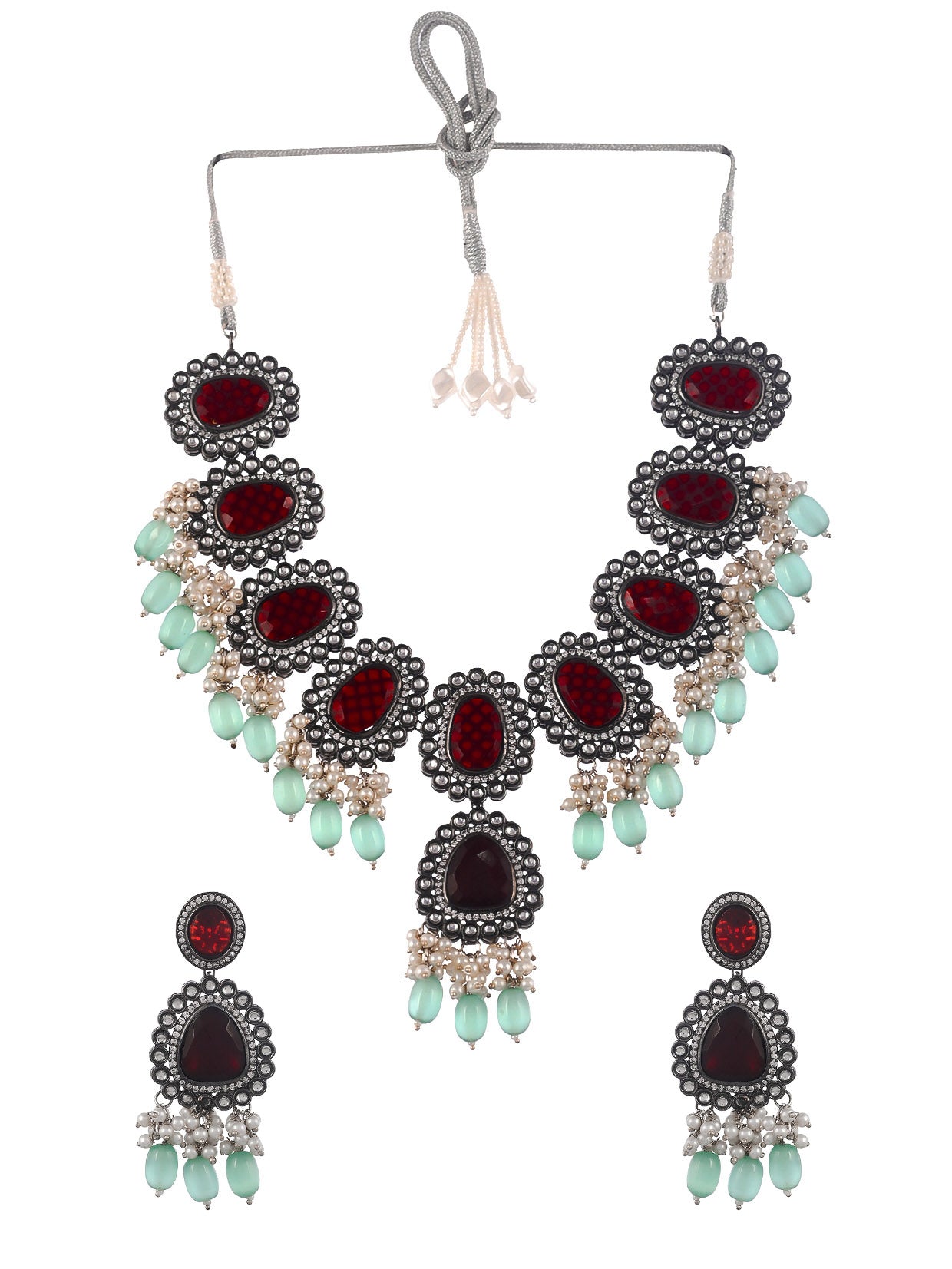 Silver Plated Maroon & Green Pearl Artificial Jewellery Set