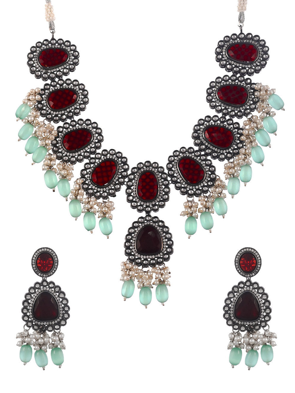 Silver Plated Maroon & Green Pearl Artificial Jewellery Set