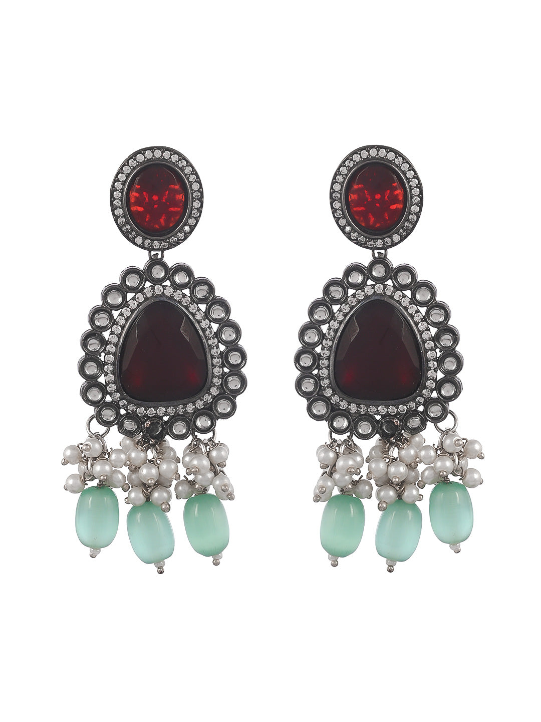 Silver Plated Maroon & Green Pearl Artificial Jewellery Set