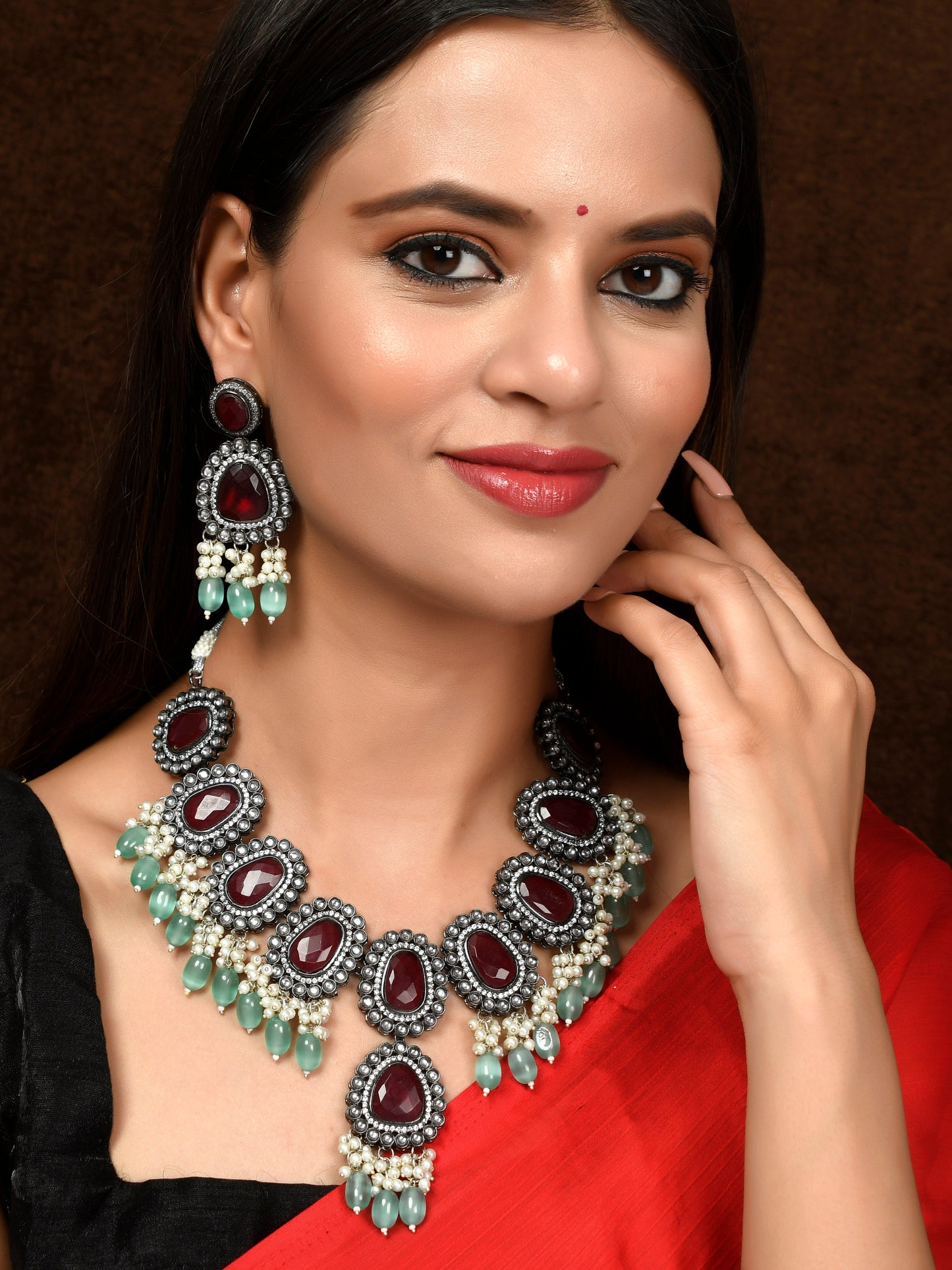 Silver Plated Maroon & Green Pearl Artificial Jewellery Set