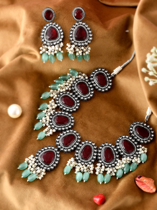Silver Plated Maroon Green Artificial Stone Studded Jewellery Set