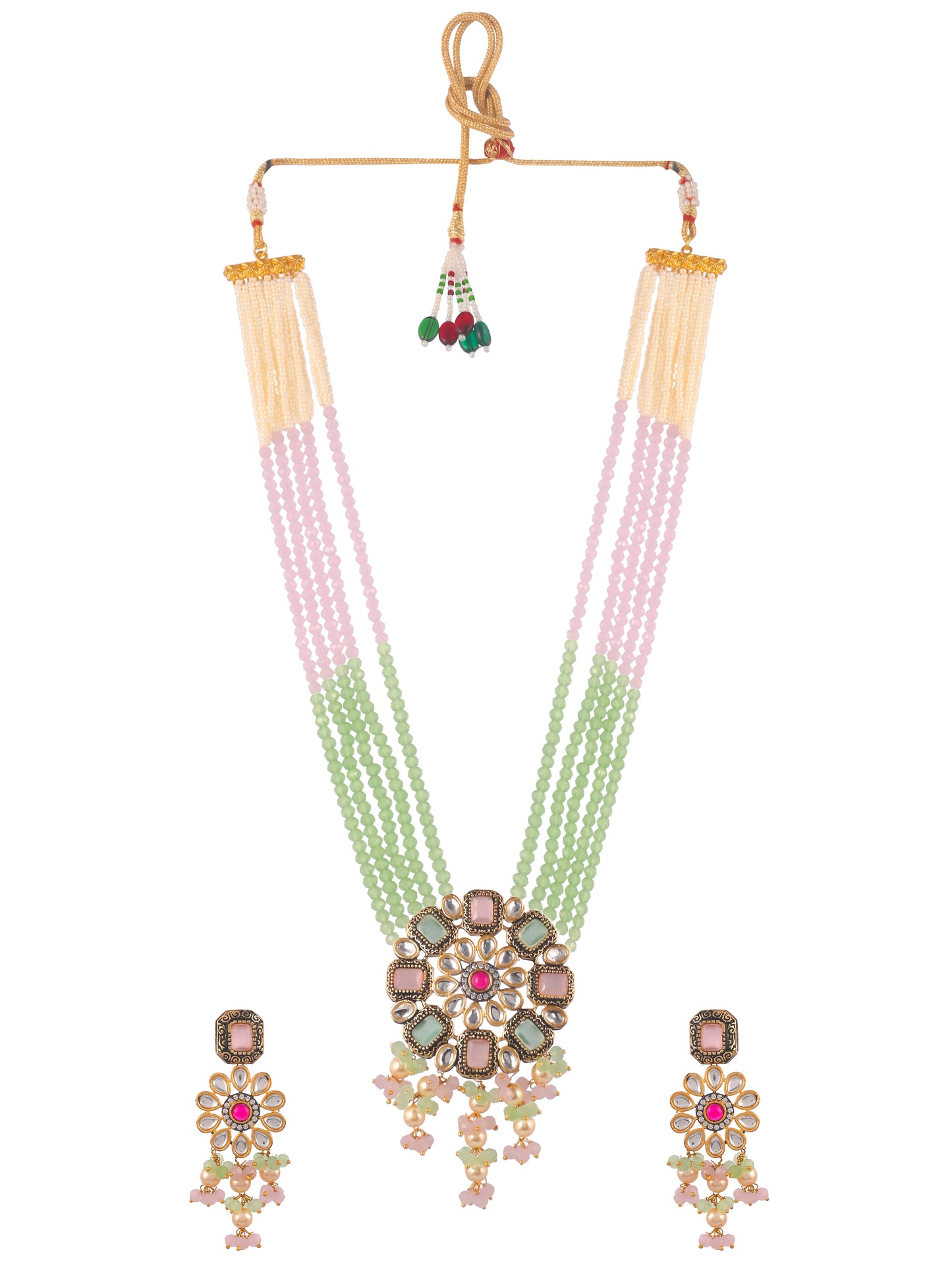 Gold Plated Green Pink Stone Studded Beaded Jewellery Set