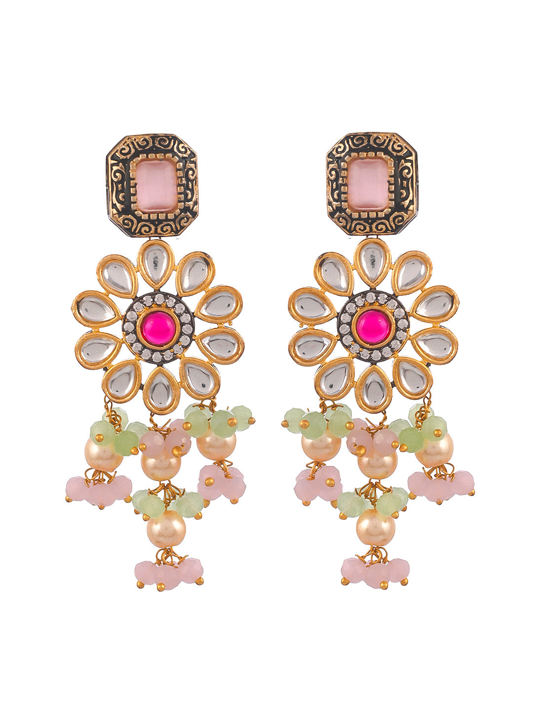 Gold Plated Green Pink Stone Studded Beaded Jewellery Set