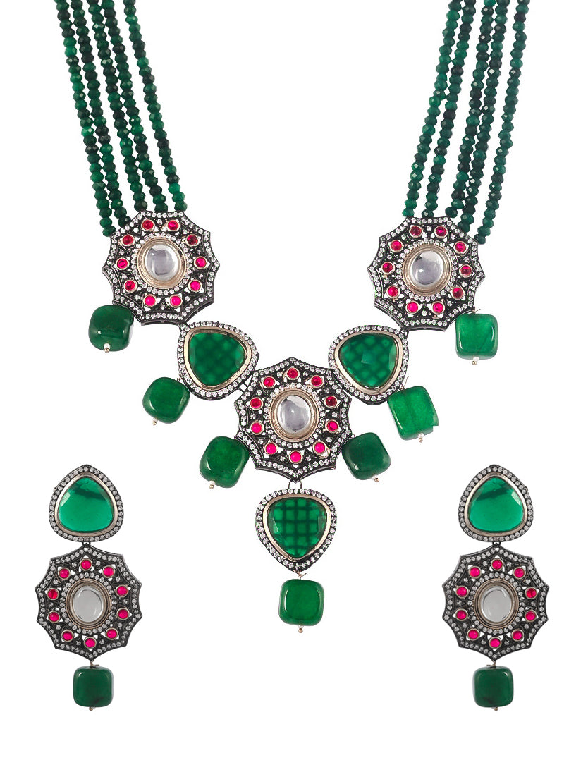 Gold Plated Green White Artificial Stone Studded Jewellery Set