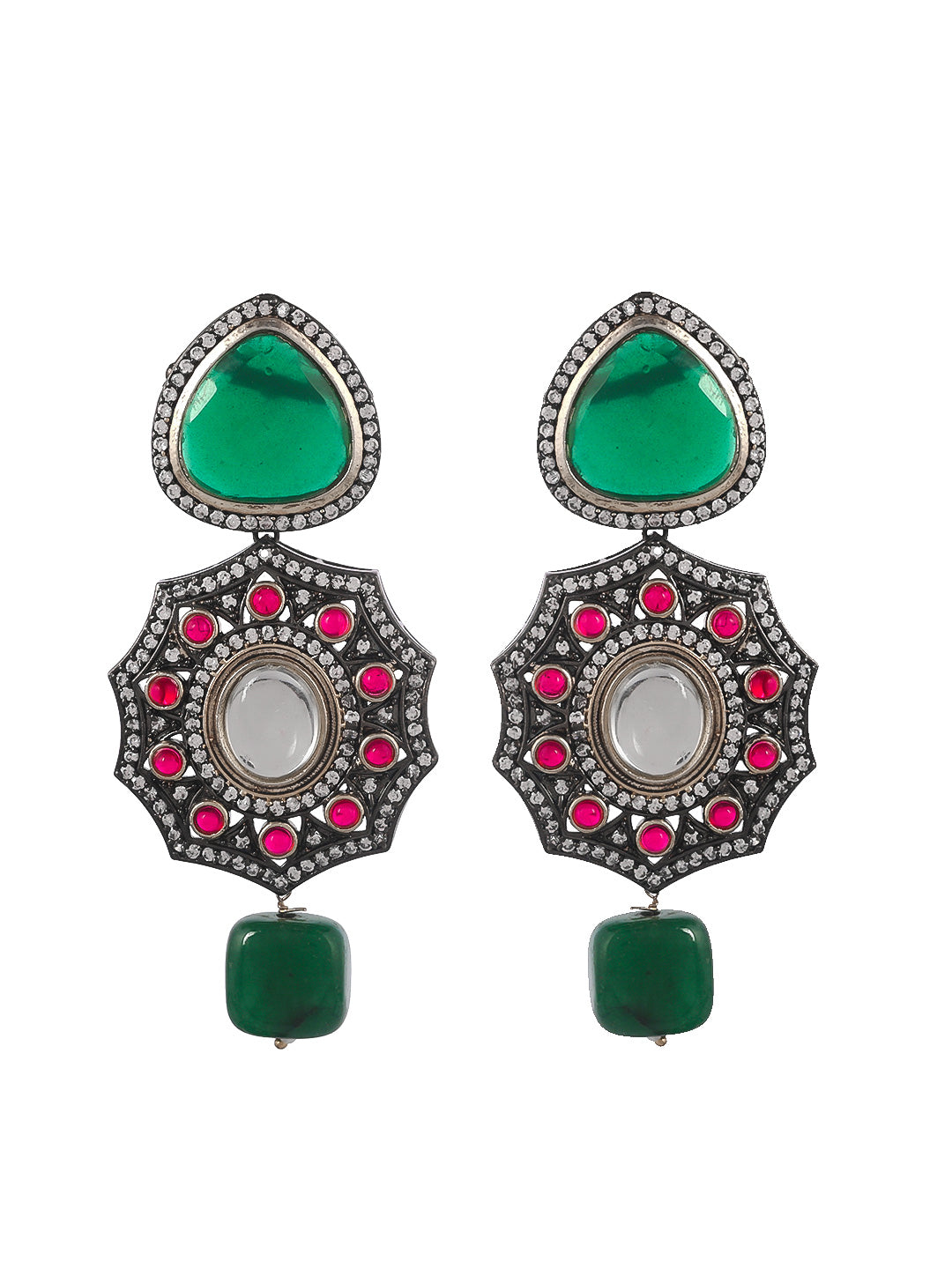 Gold Plated Green White Artificial Stone Studded Jewellery Set